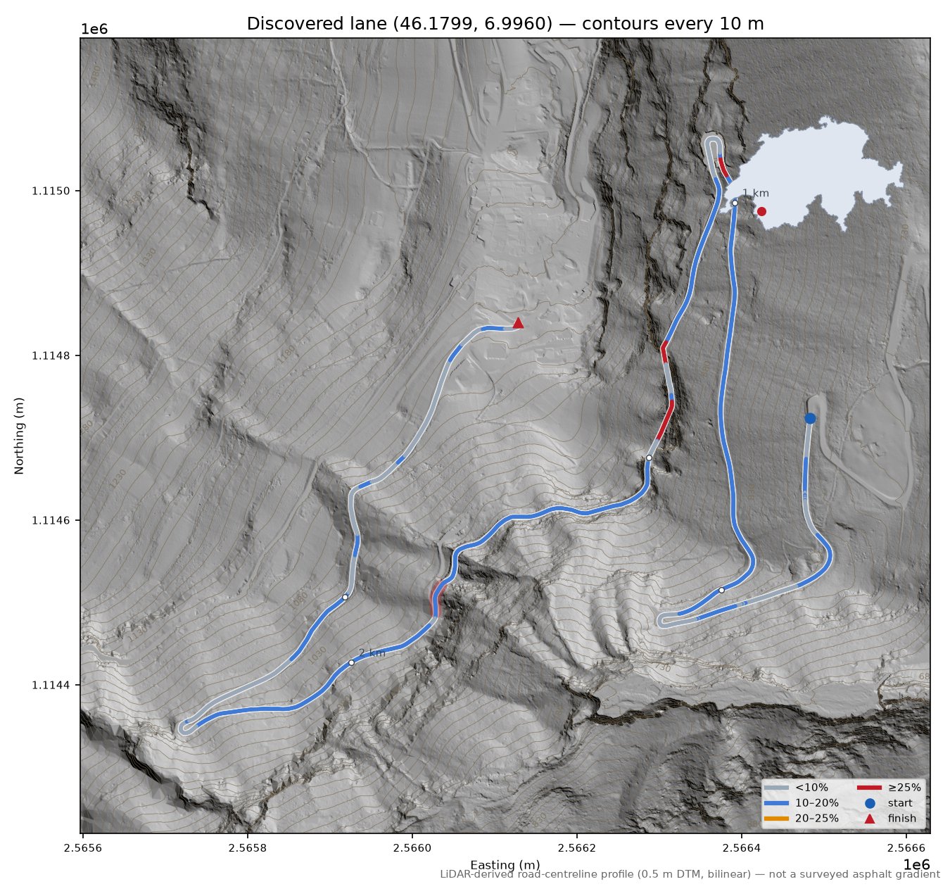 Discovered lane (46.1799, 6.9960) LiDAR hillshade map with contours
