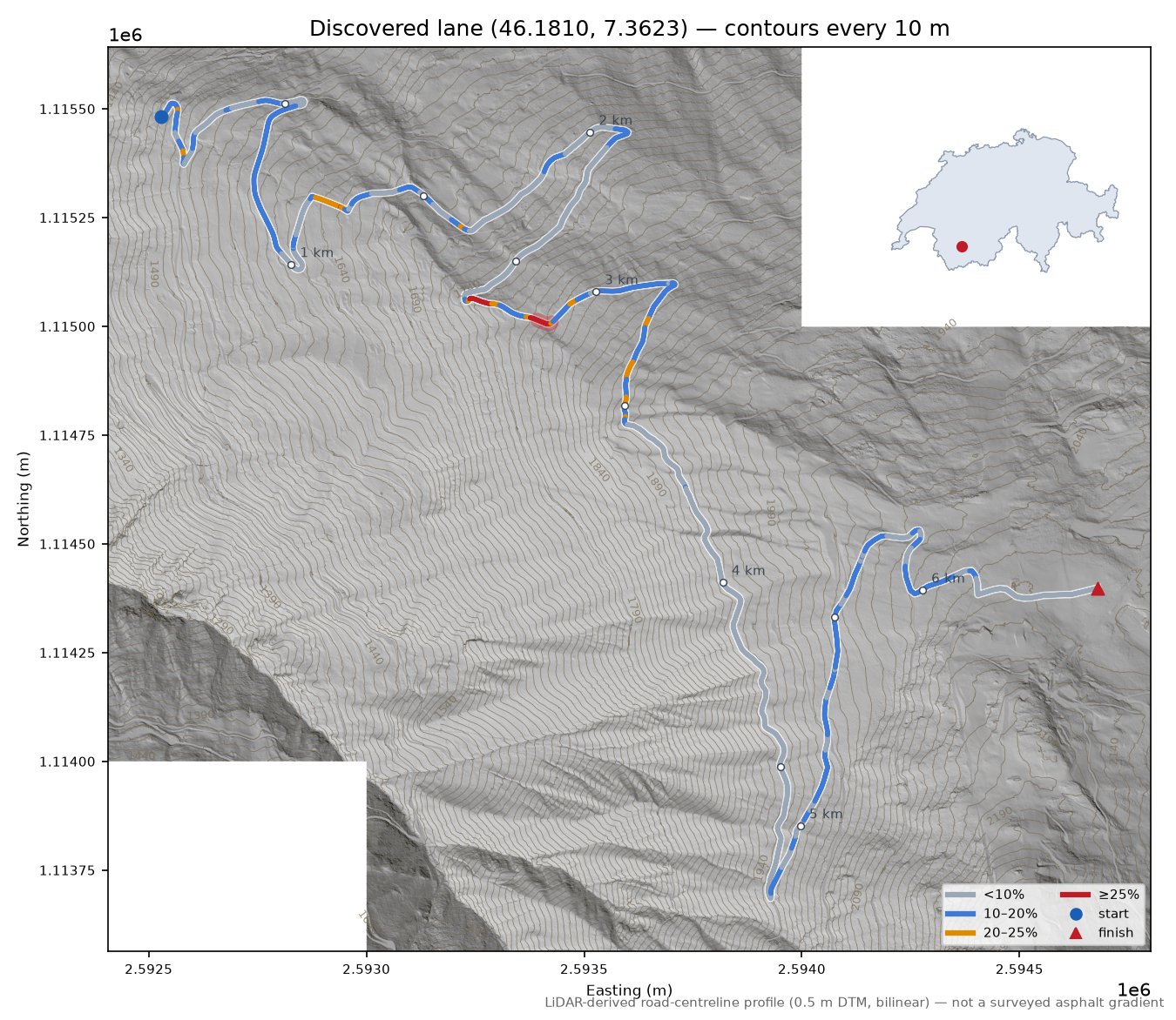 Discovered lane (46.1810, 7.3623) LiDAR hillshade map with contours