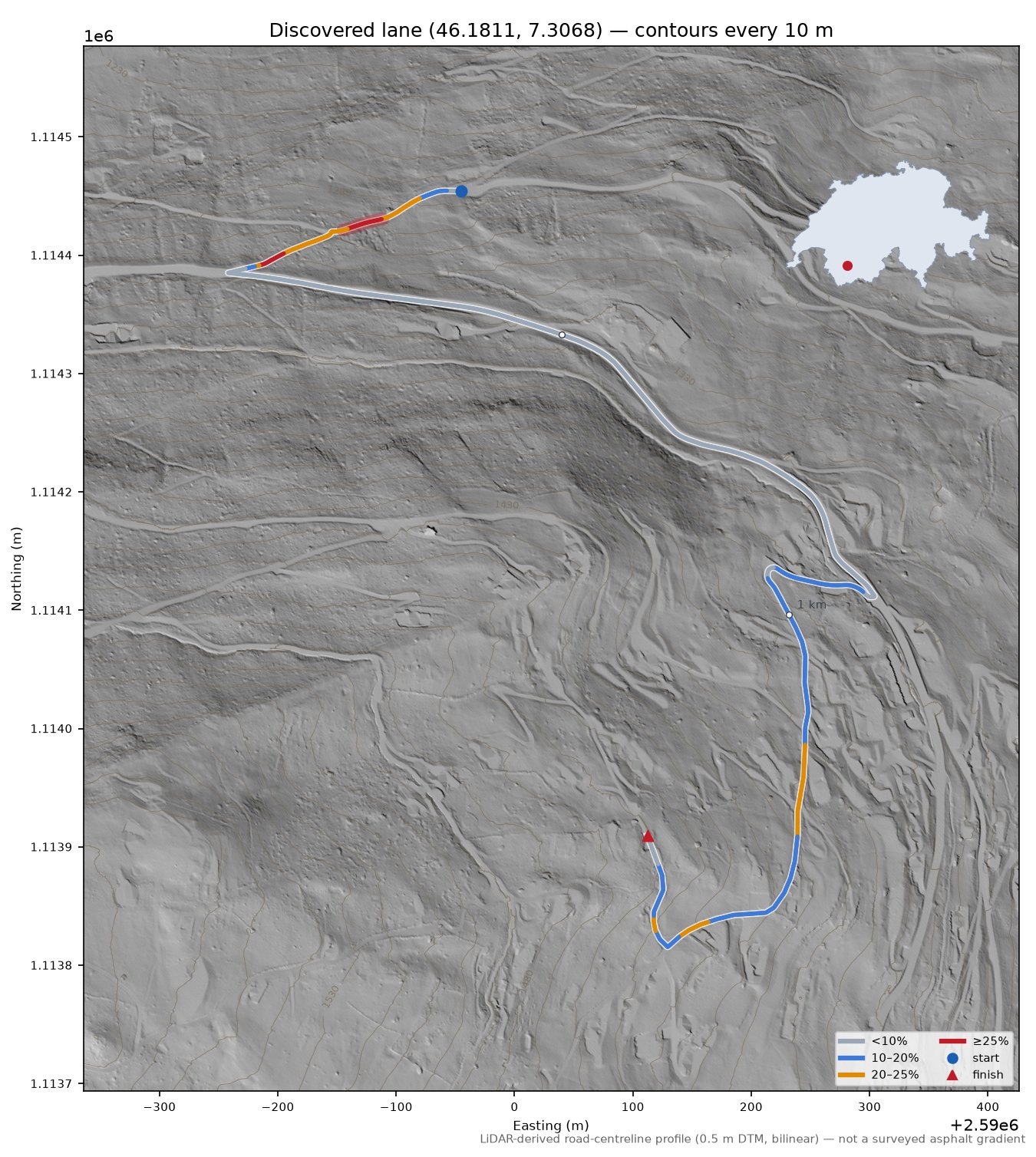 Discovered lane (46.1811, 7.3068) LiDAR hillshade map with contours