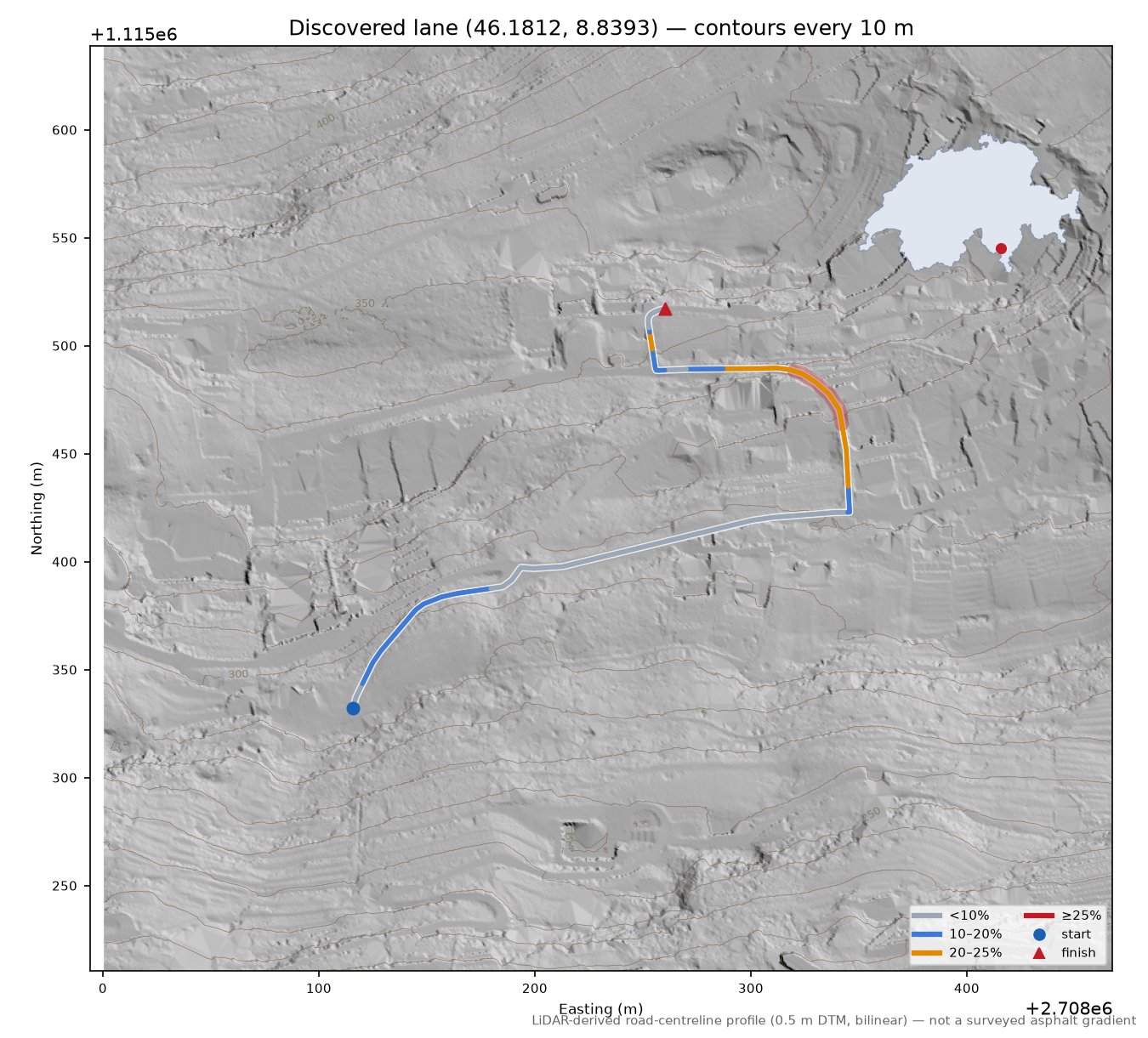 Discovered lane (46.1812, 8.8393) LiDAR hillshade map with contours