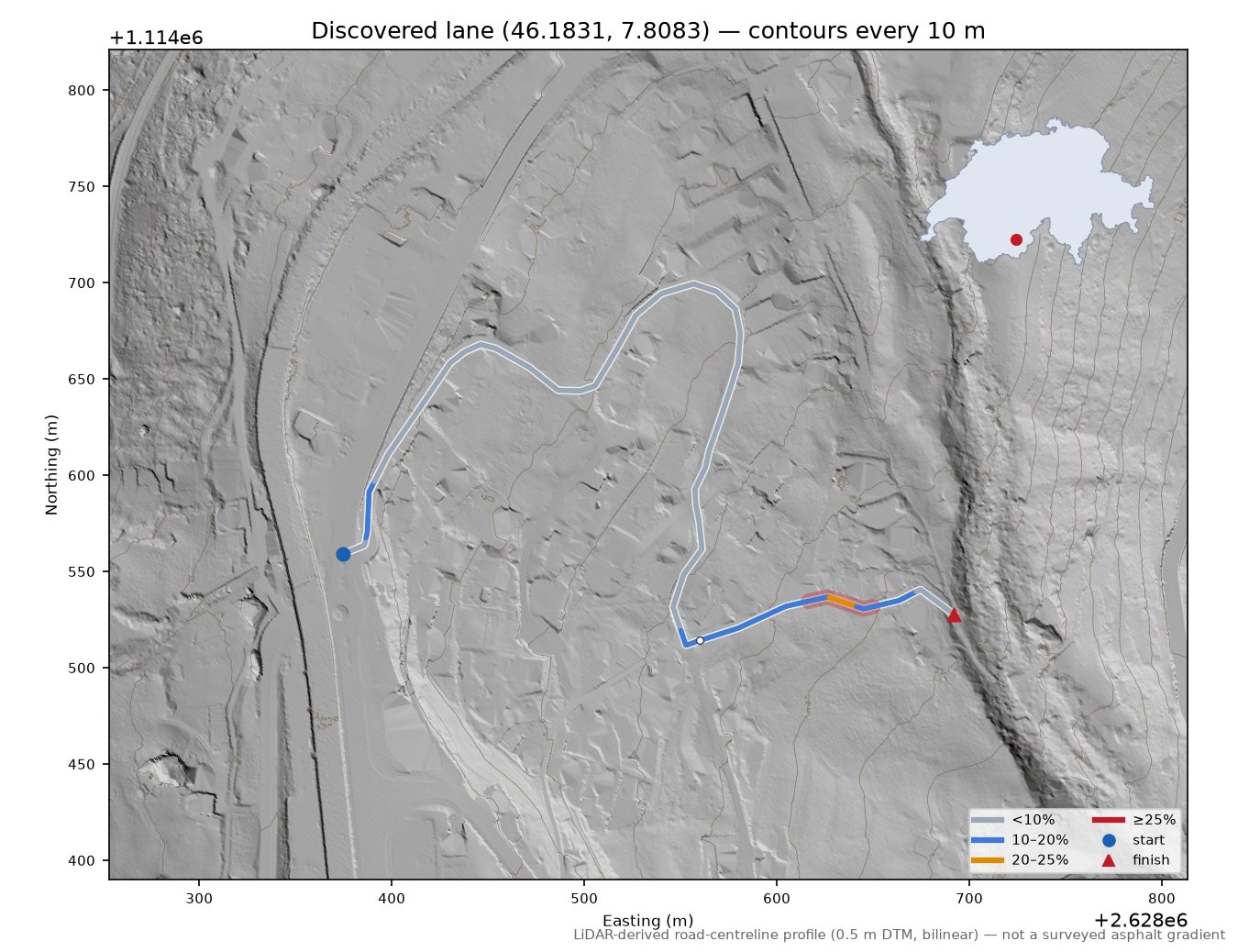 Discovered lane (46.1831, 7.8083) LiDAR hillshade map with contours