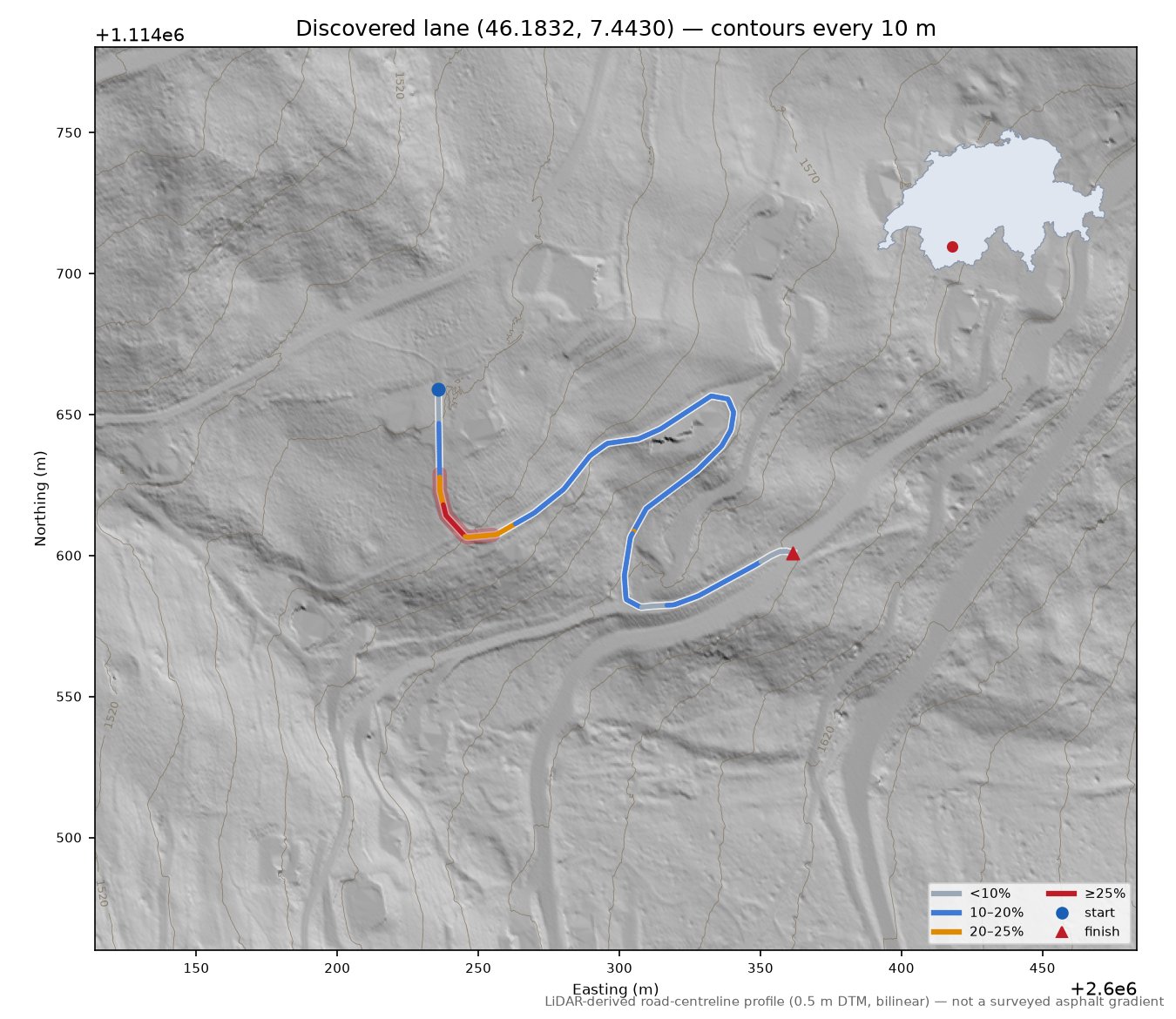 Discovered lane (46.1832, 7.4430) LiDAR hillshade map with contours