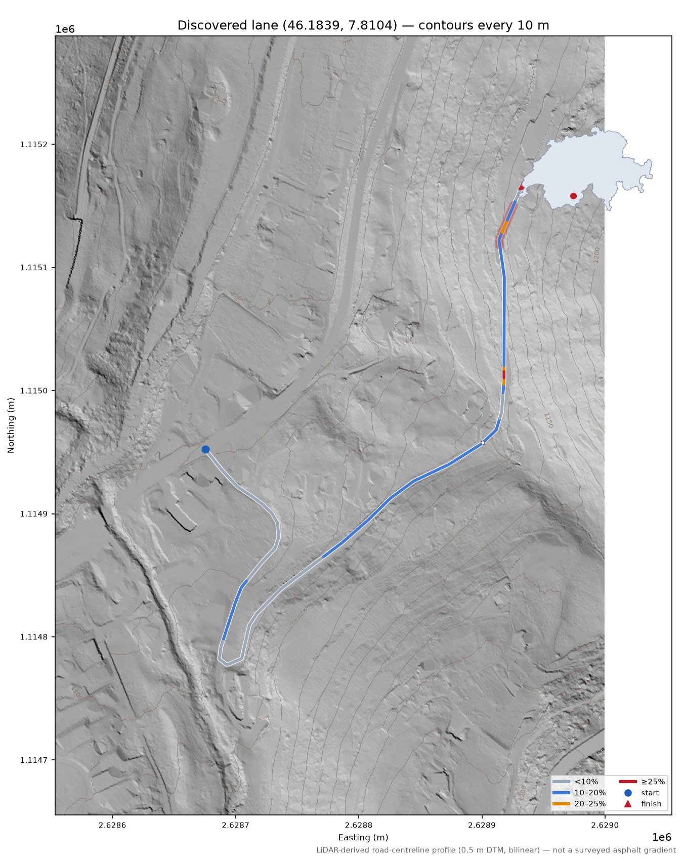 Discovered lane (46.1839, 7.8104) LiDAR hillshade map with contours
