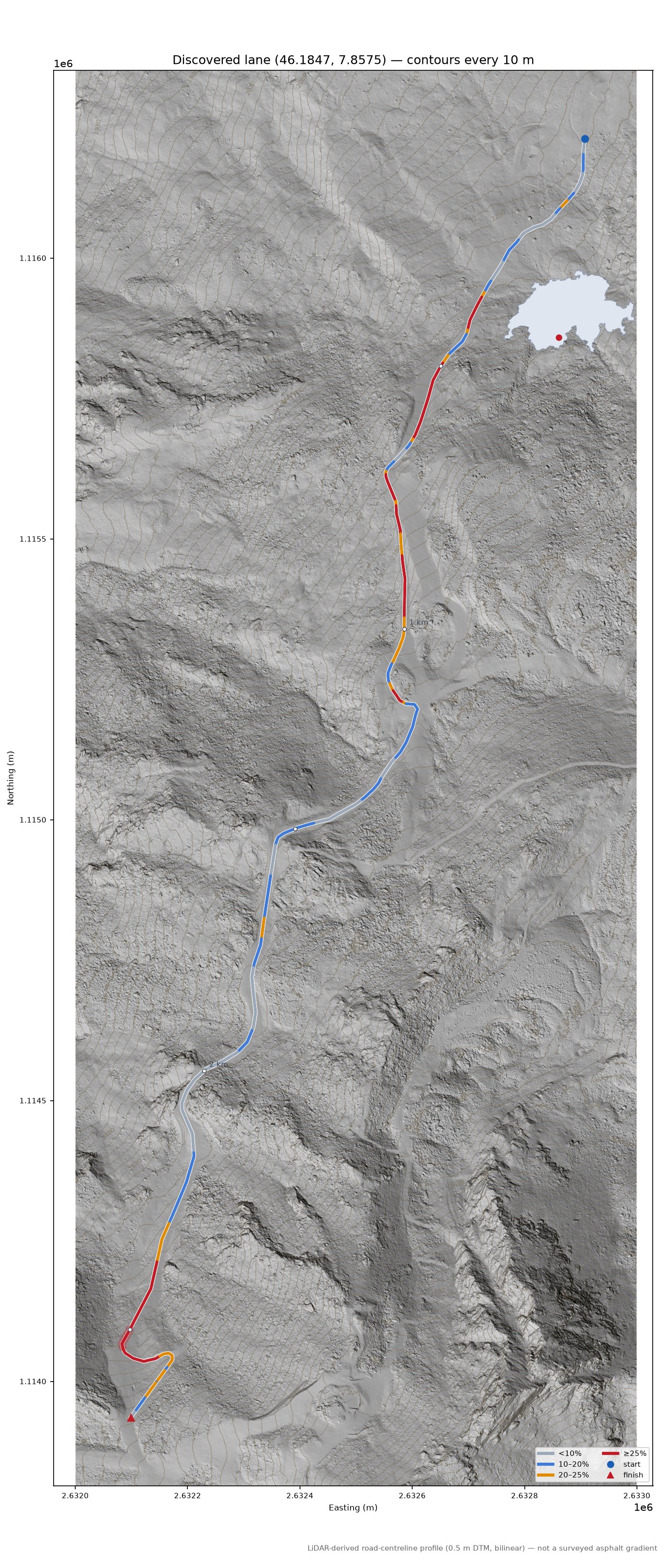 Discovered lane (46.1847, 7.8575) LiDAR hillshade map with contours