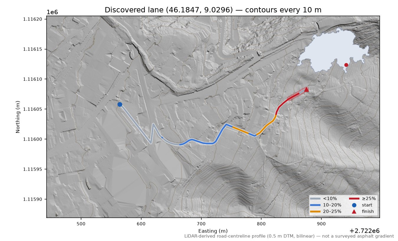 Discovered lane (46.1847, 9.0296) LiDAR hillshade map with contours