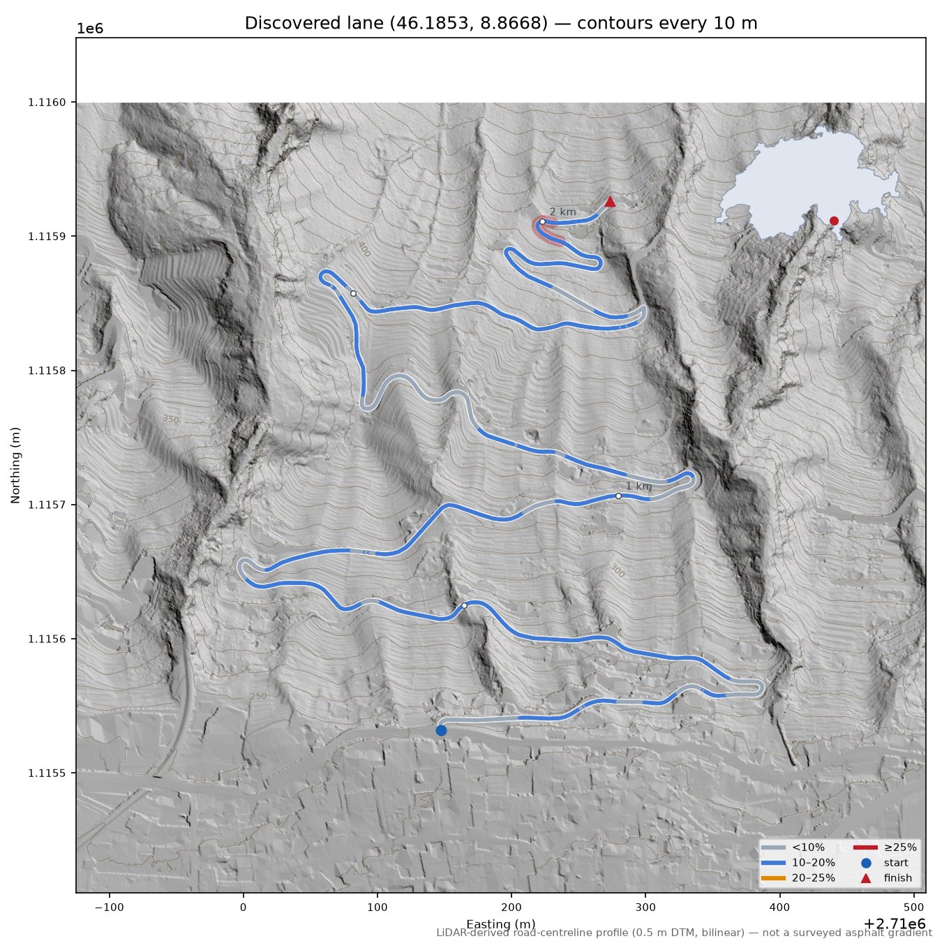 Discovered lane (46.1853, 8.8668) LiDAR hillshade map with contours