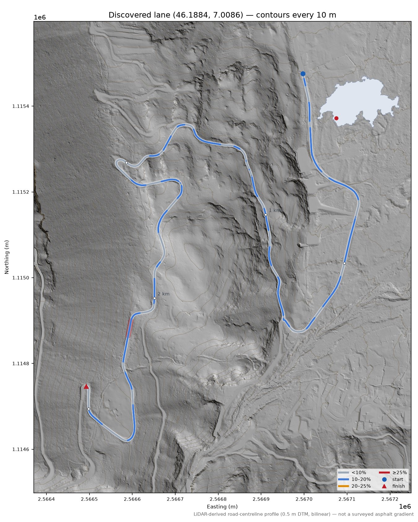 Discovered lane (46.1884, 7.0086) LiDAR hillshade map with contours
