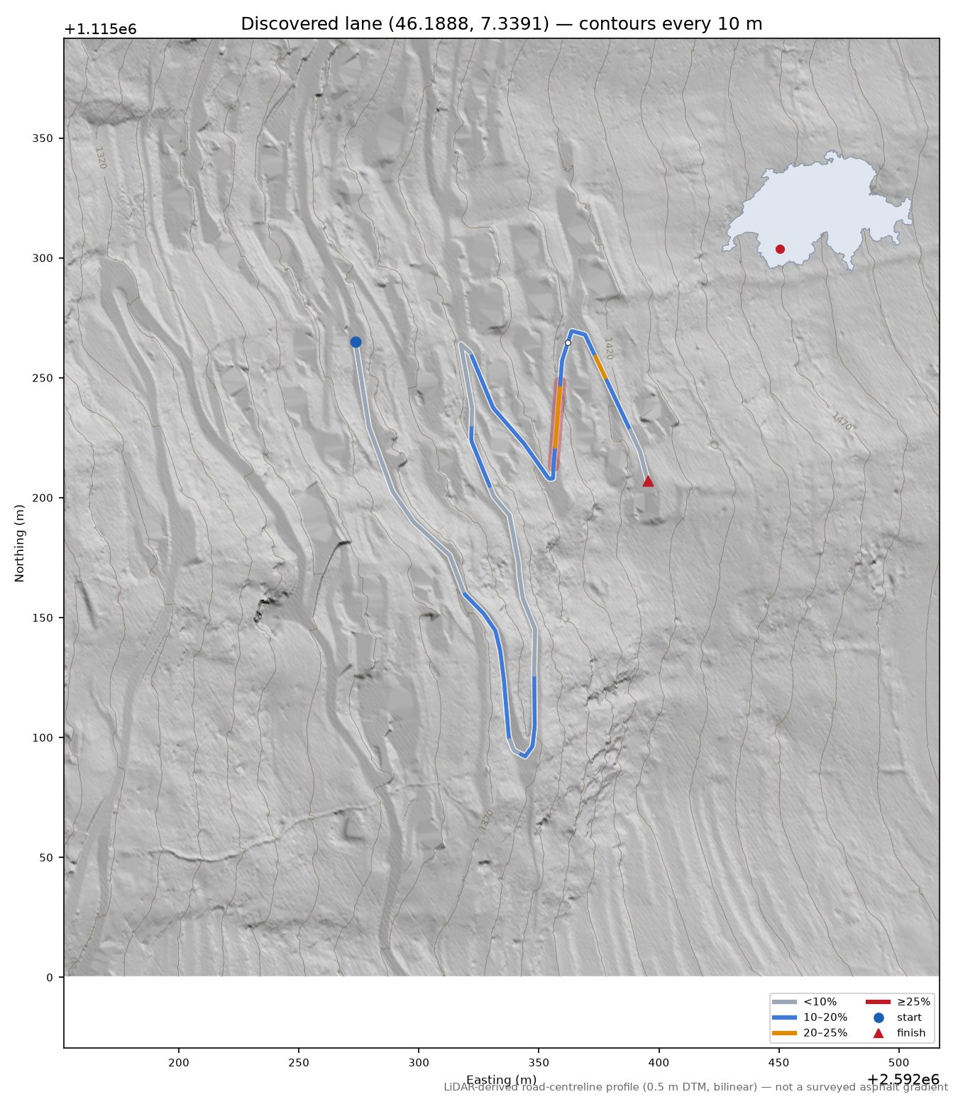 Discovered lane (46.1888, 7.3391) LiDAR hillshade map with contours