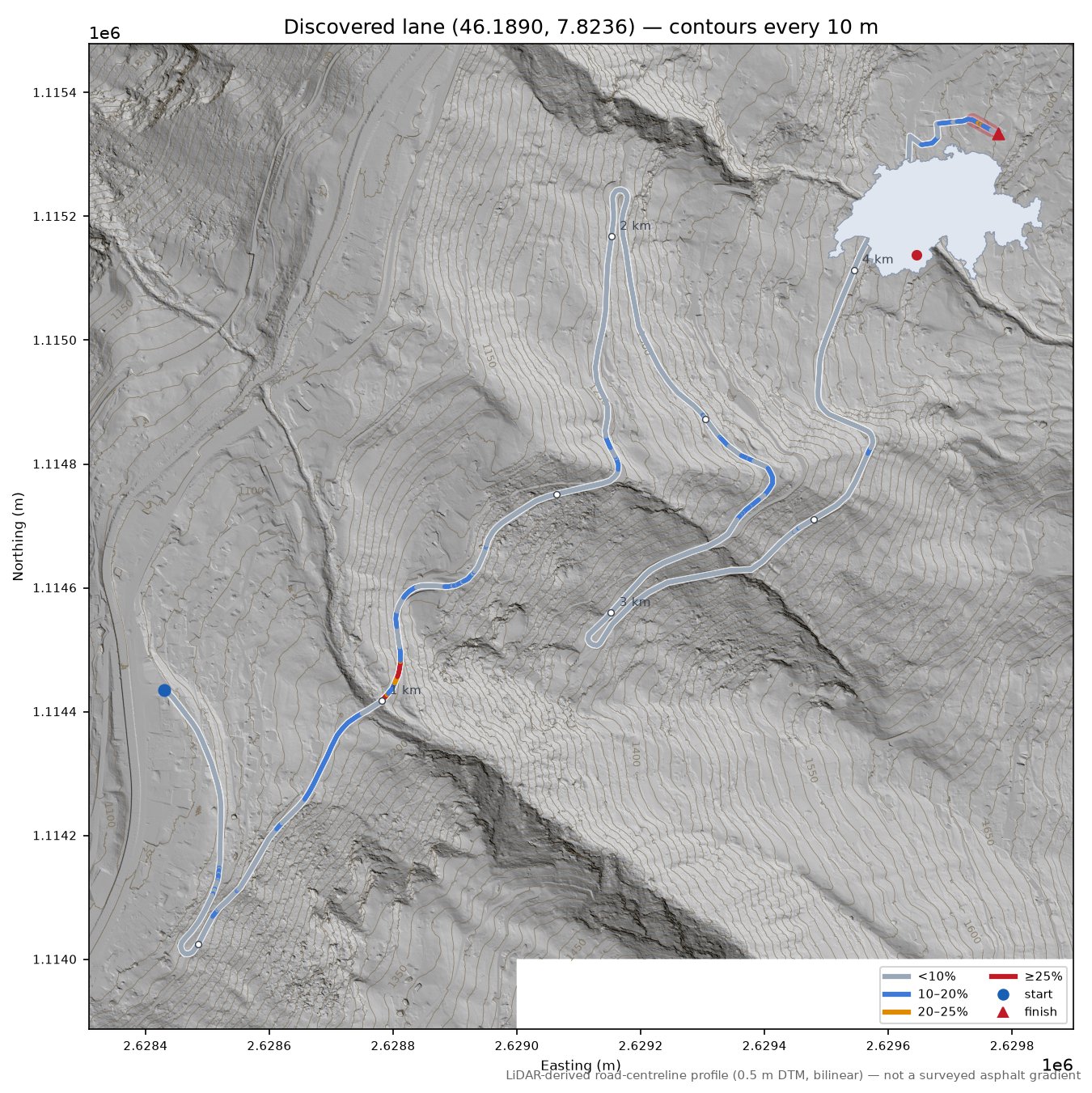 Discovered lane (46.1890, 7.8236) LiDAR hillshade map with contours