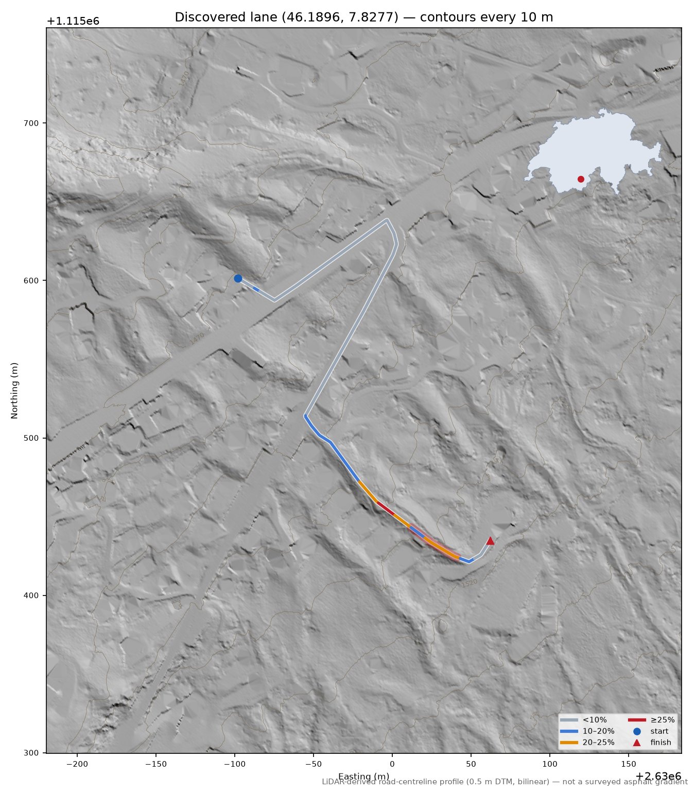 Discovered lane (46.1896, 7.8277) LiDAR hillshade map with contours