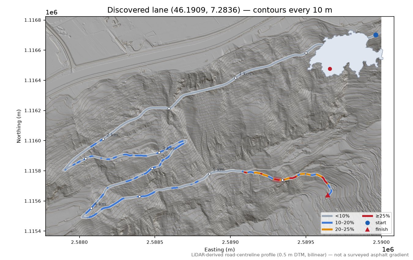 Discovered lane (46.1909, 7.2836) LiDAR hillshade map with contours