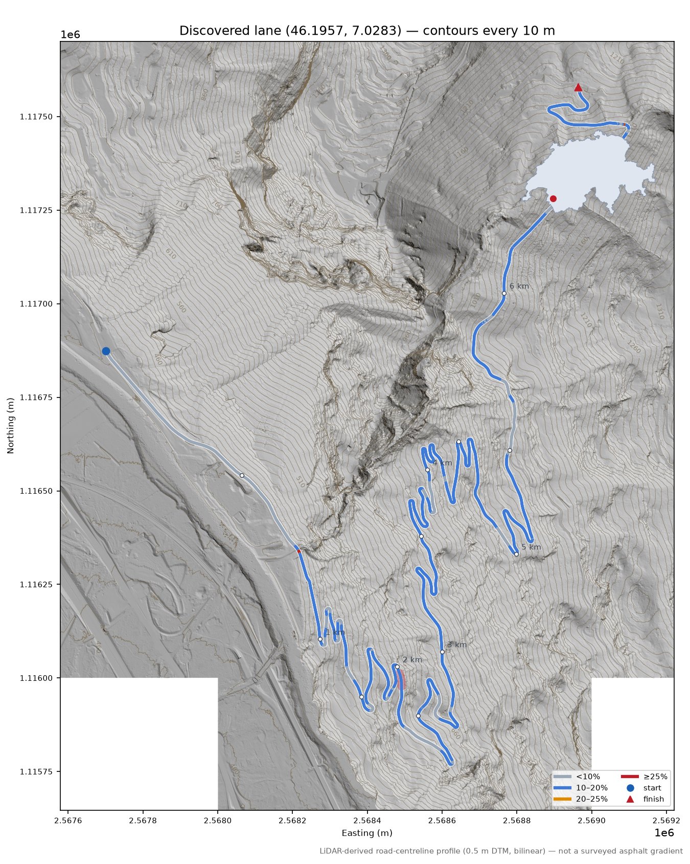 Discovered lane (46.1957, 7.0283) LiDAR hillshade map with contours