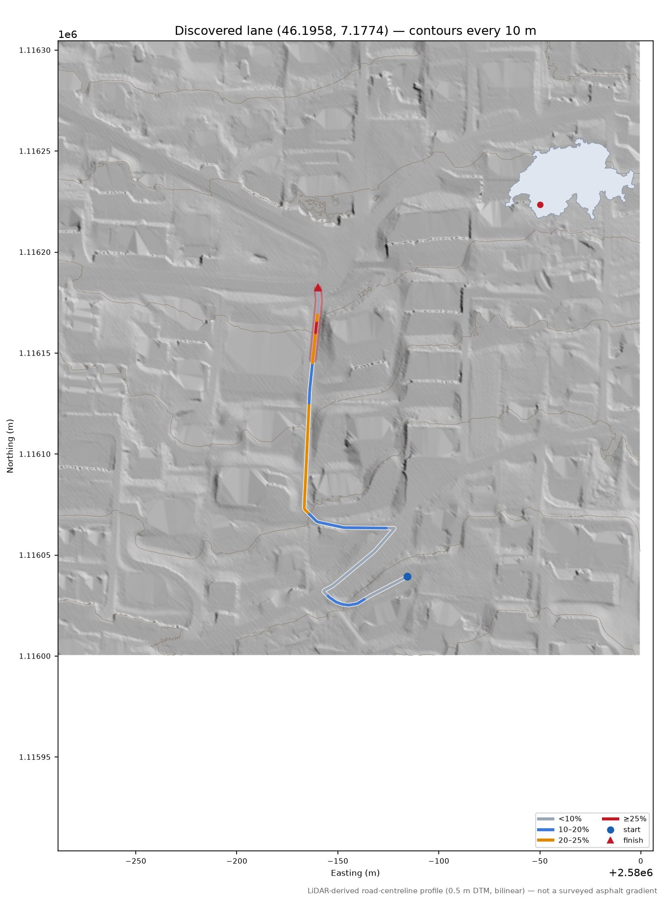 Discovered lane (46.1958, 7.1774) LiDAR hillshade map with contours