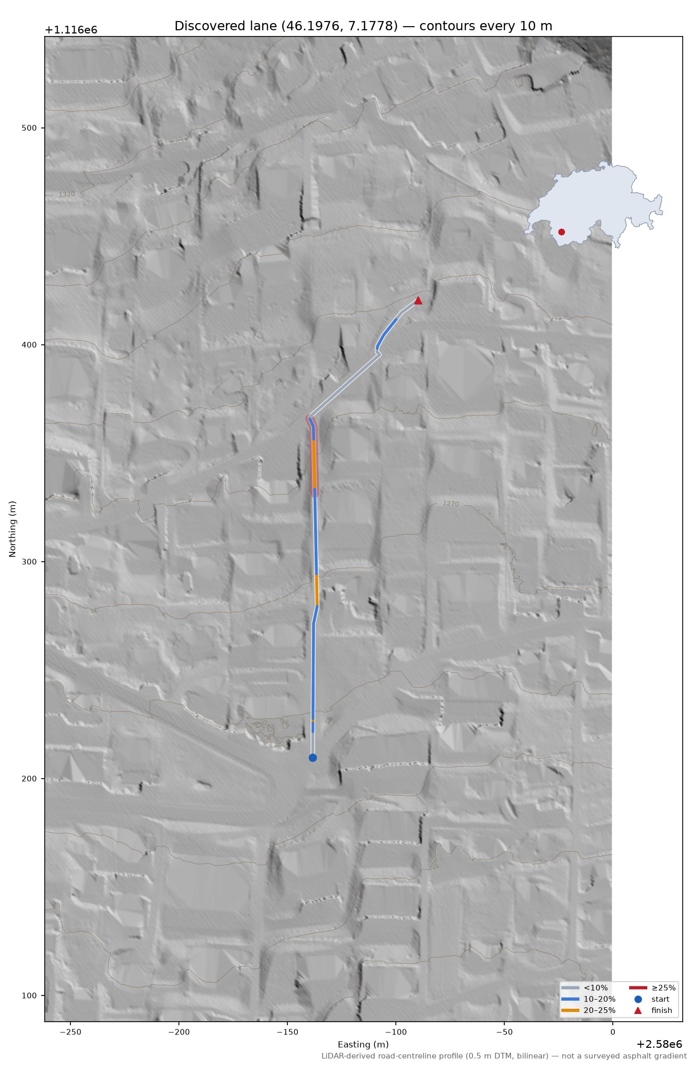 Discovered lane (46.1976, 7.1778) LiDAR hillshade map with contours
