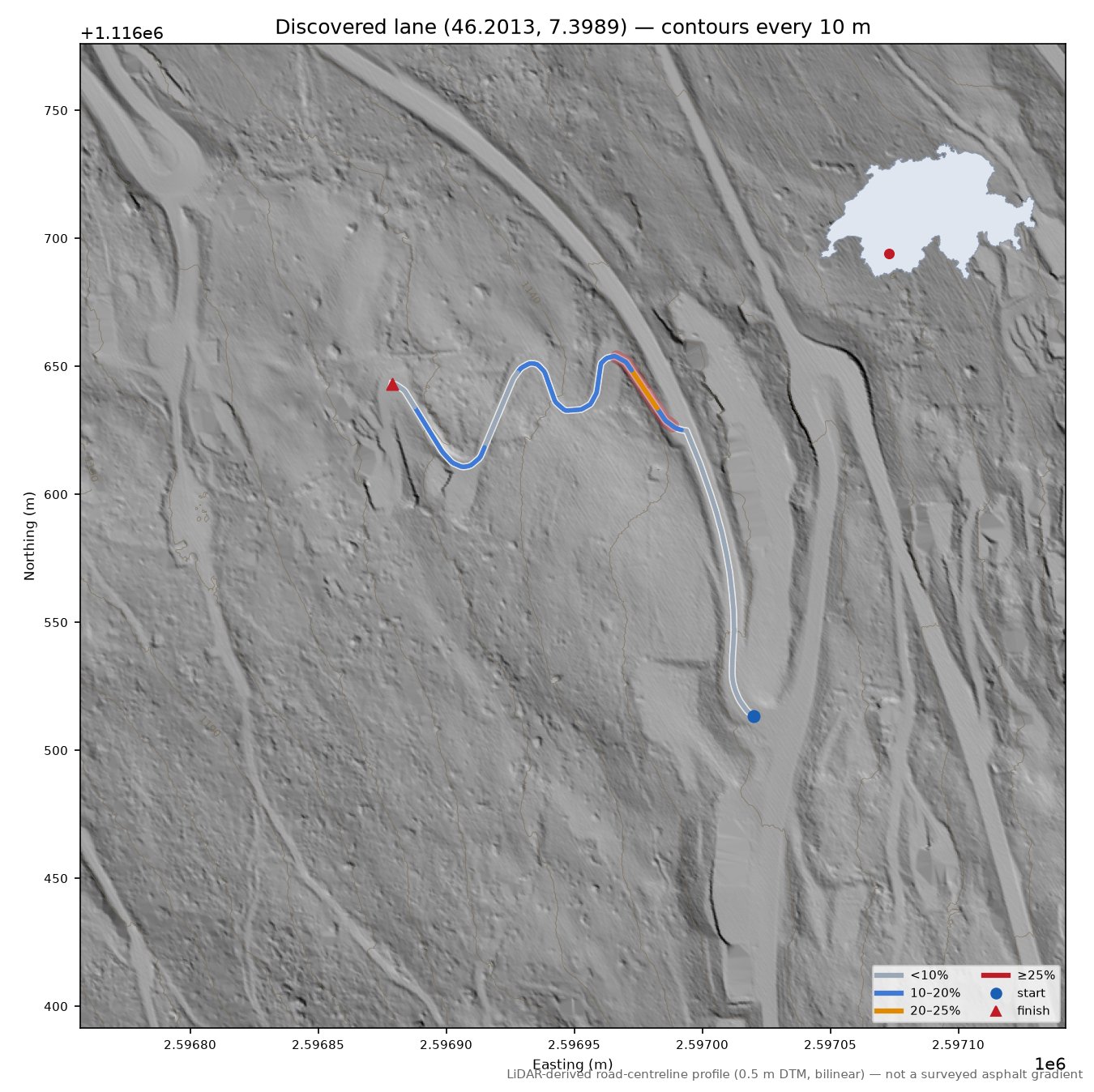 Discovered lane (46.2013, 7.3989) LiDAR hillshade map with contours
