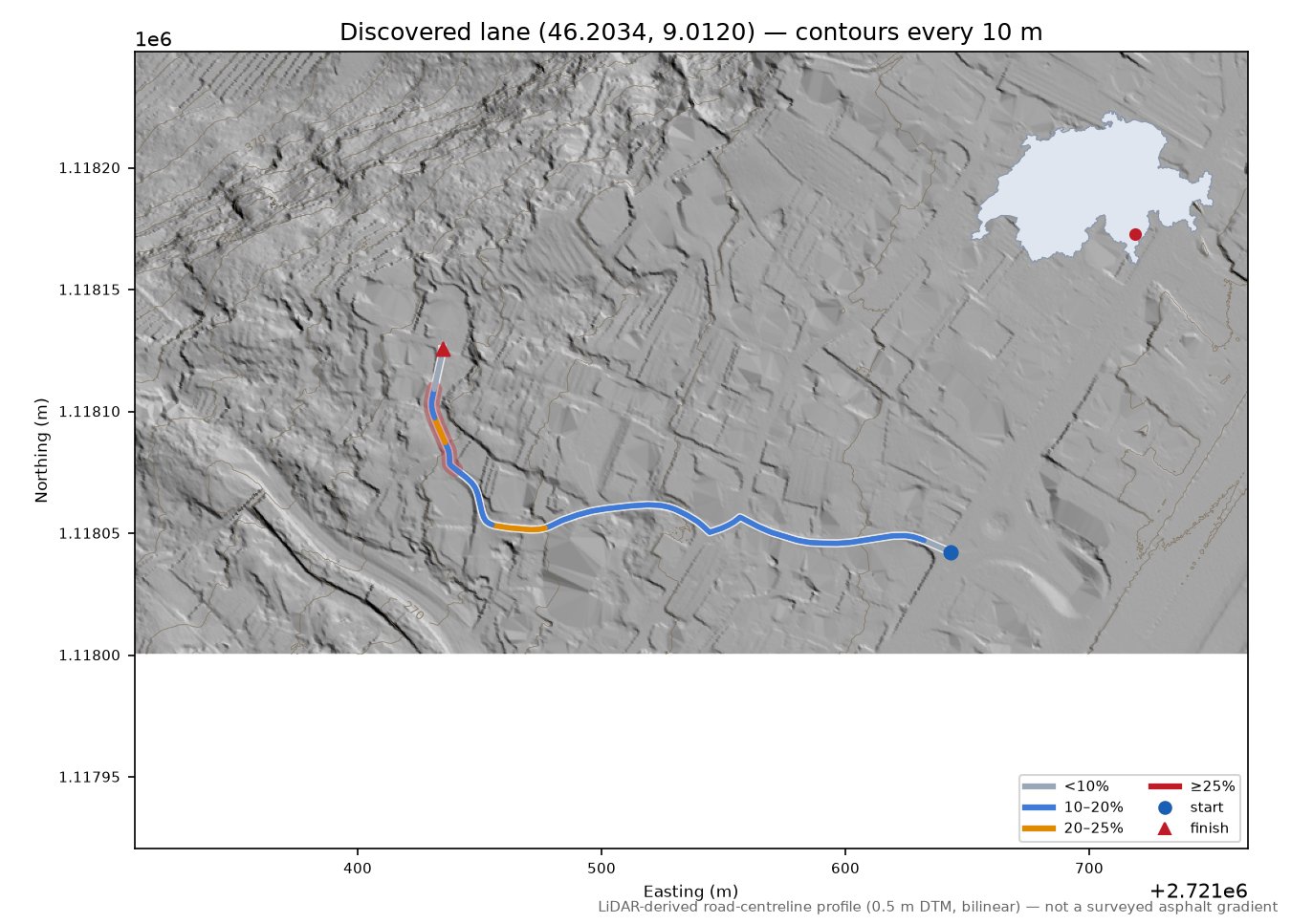 Discovered lane (46.2034, 9.0120) LiDAR hillshade map with contours