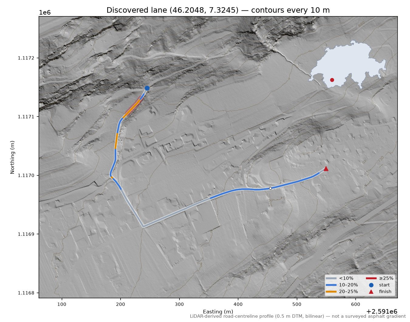 Discovered lane (46.2048, 7.3245) LiDAR hillshade map with contours