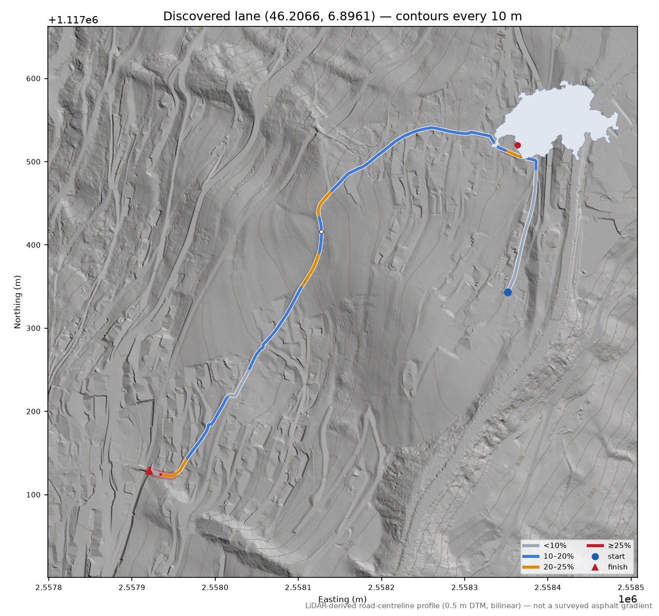 Discovered lane (46.2066, 6.8961) LiDAR hillshade map with contours
