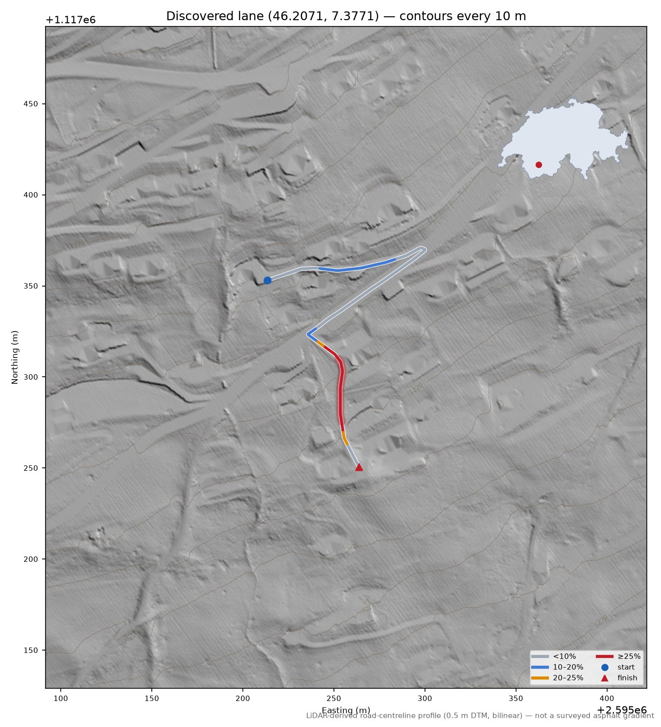 Discovered lane (46.2071, 7.3771) LiDAR hillshade map with contours