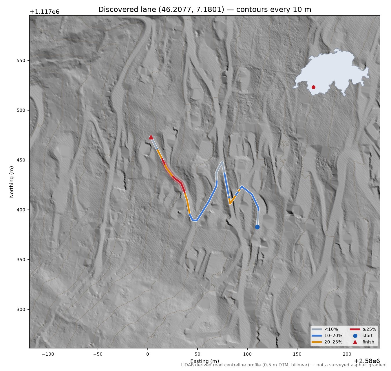 Discovered lane (46.2077, 7.1801) LiDAR hillshade map with contours