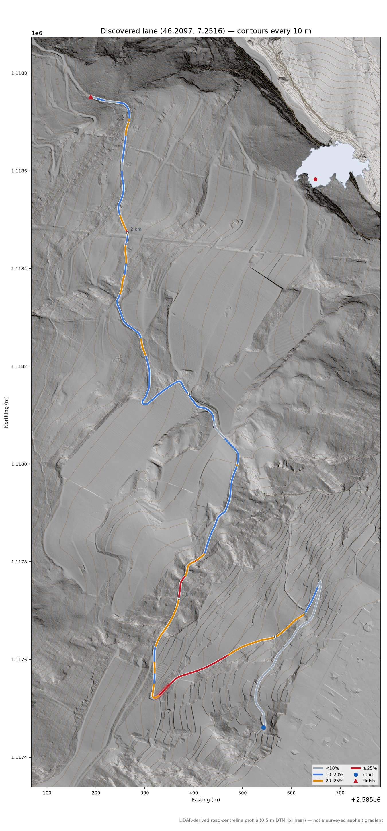 Discovered lane (46.2097, 7.2516) LiDAR hillshade map with contours