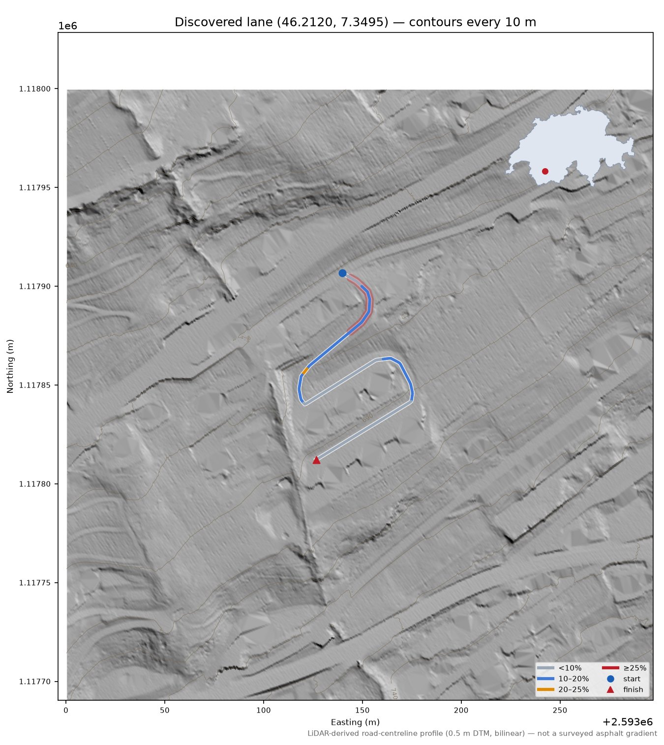 Discovered lane (46.2120, 7.3495) LiDAR hillshade map with contours