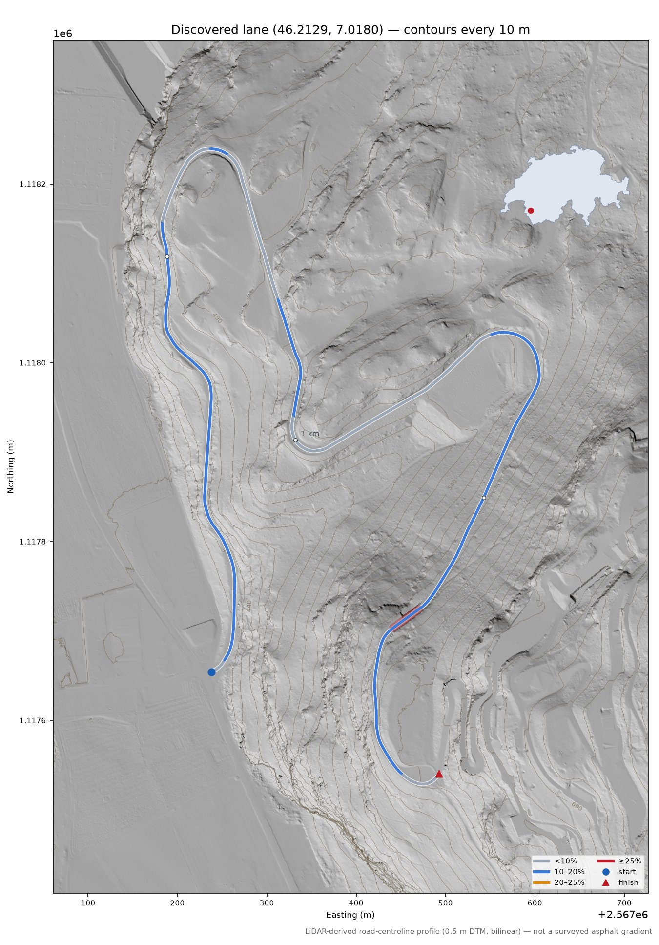 Discovered lane (46.2129, 7.0180) LiDAR hillshade map with contours