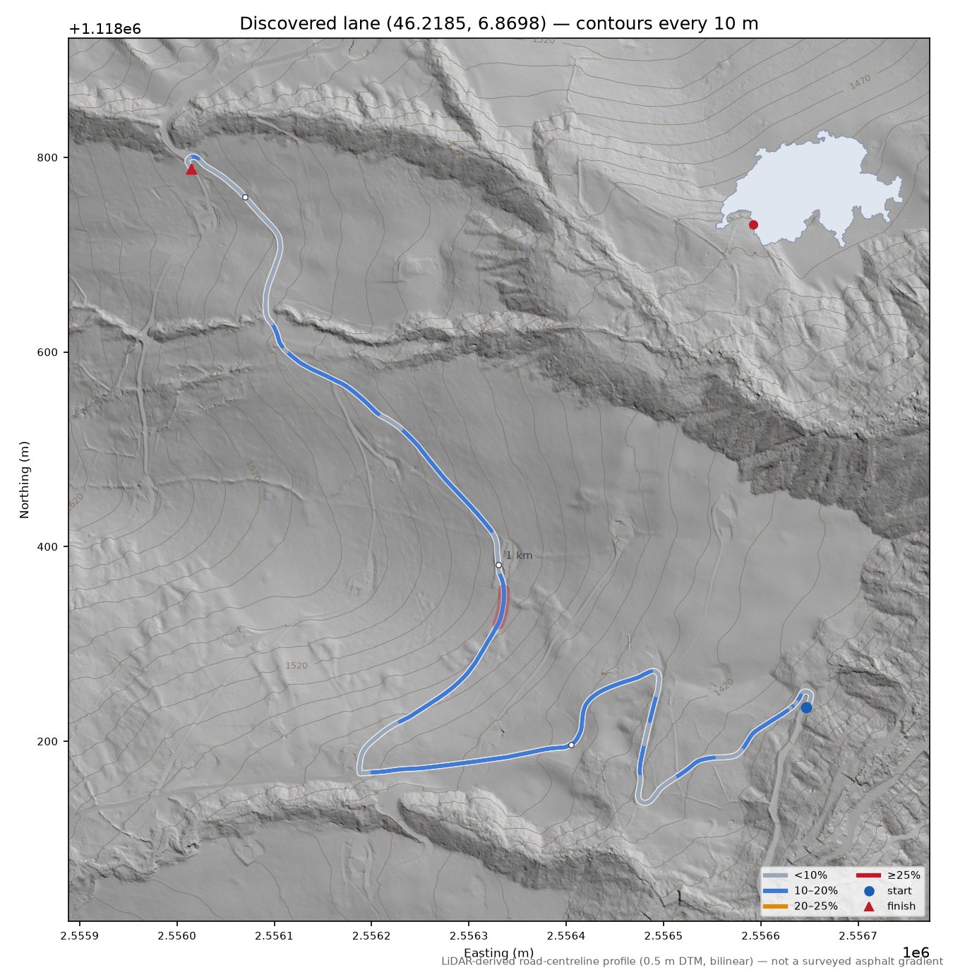 Discovered lane (46.2185, 6.8698) LiDAR hillshade map with contours