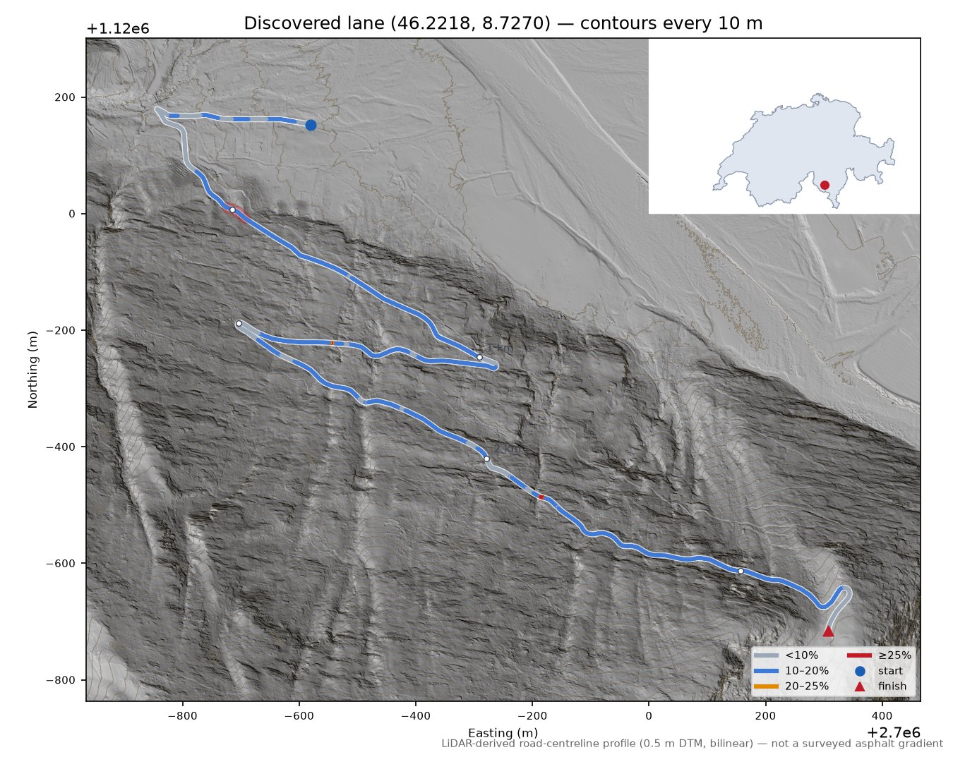 Discovered lane (46.2218, 8.7270) LiDAR hillshade map with contours
