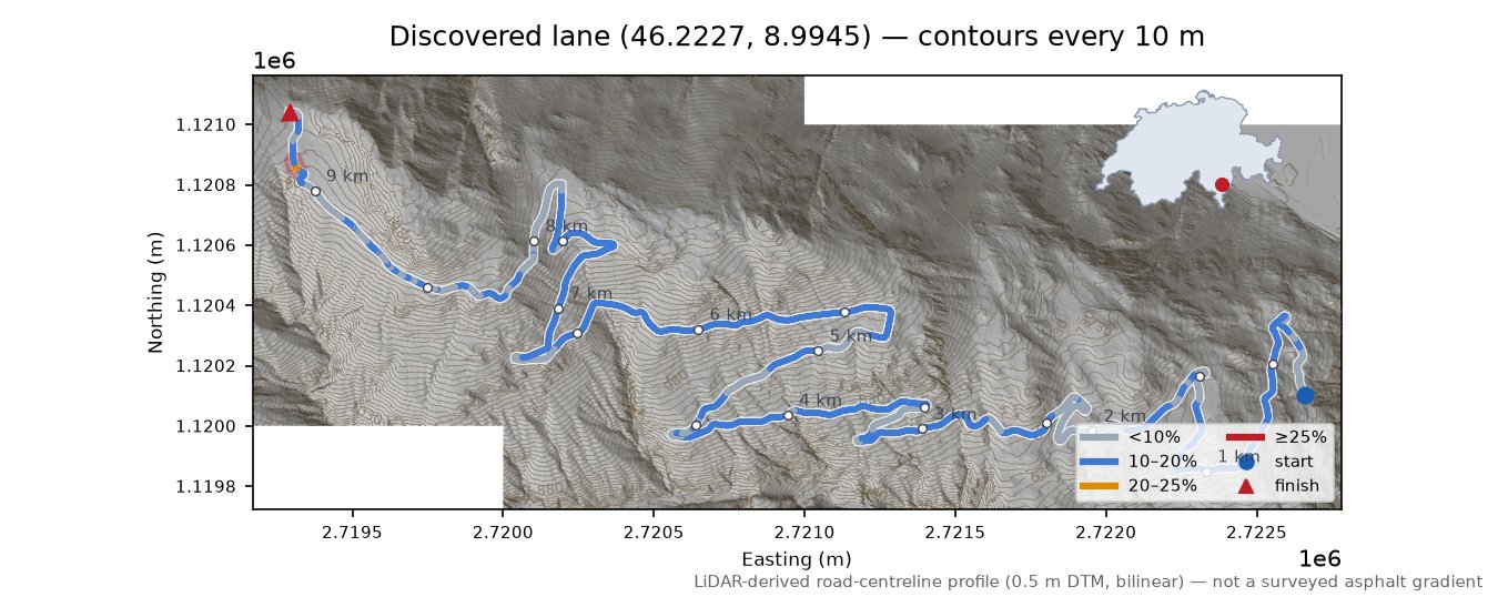 Discovered lane (46.2227, 8.9945) LiDAR hillshade map with contours