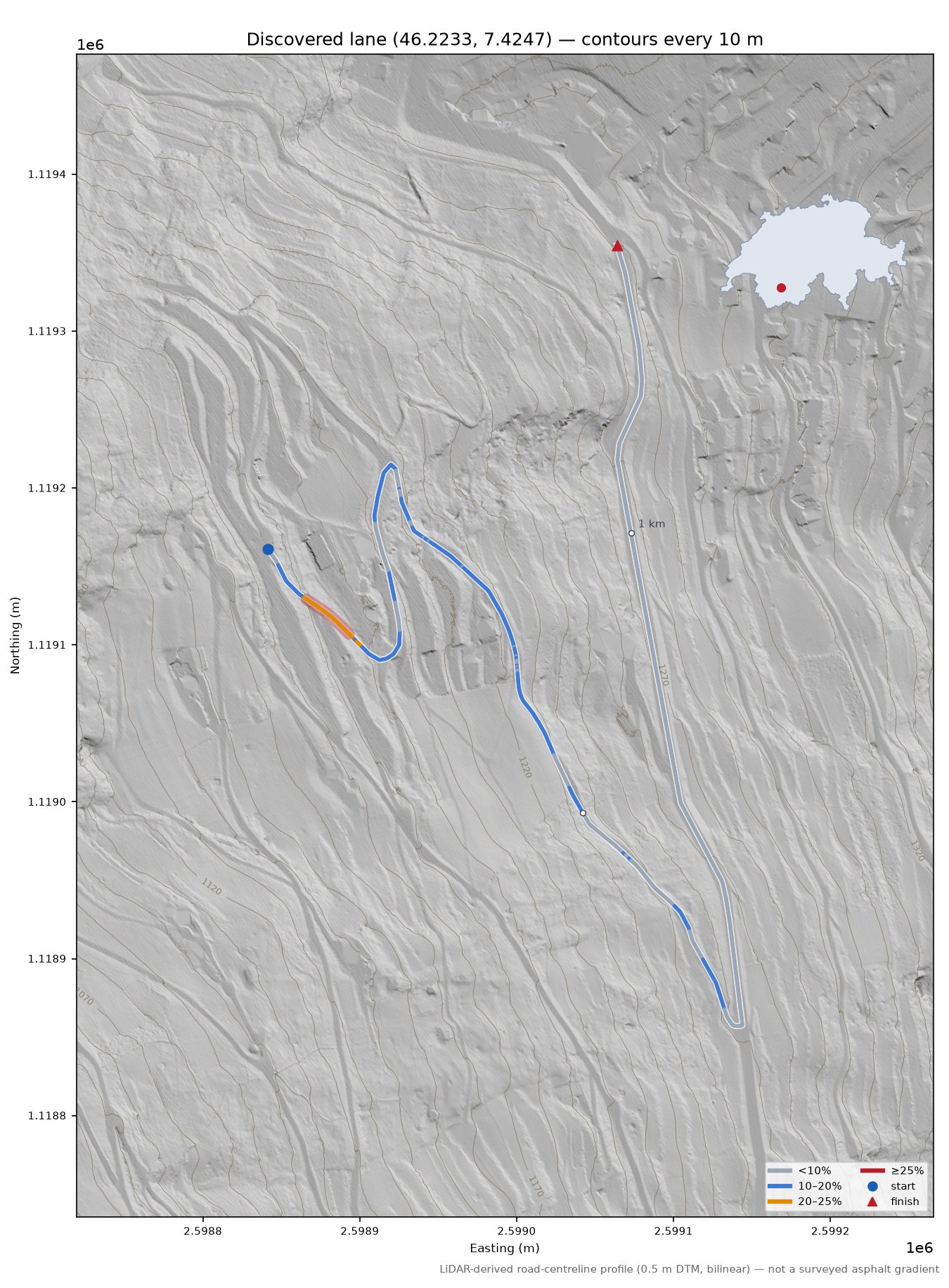 Discovered lane (46.2233, 7.4247) LiDAR hillshade map with contours