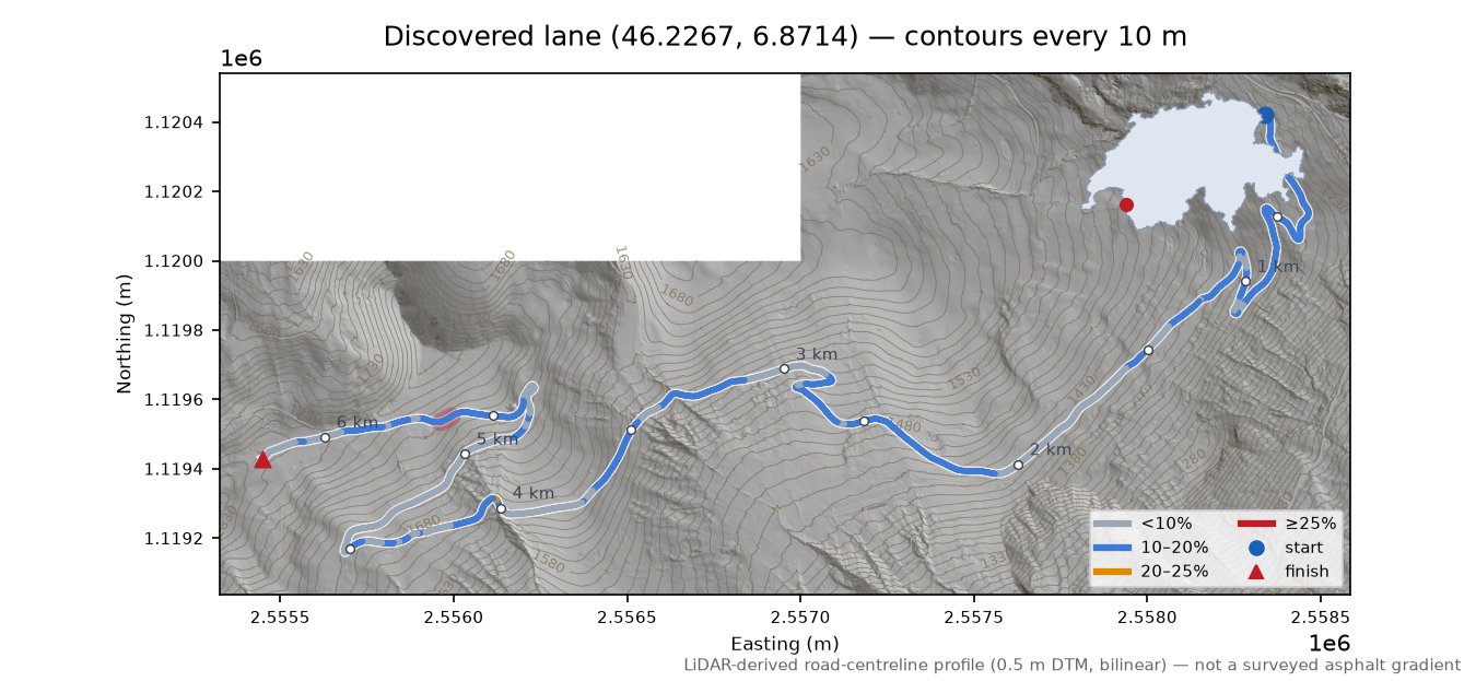 Discovered lane (46.2267, 6.8714) LiDAR hillshade map with contours