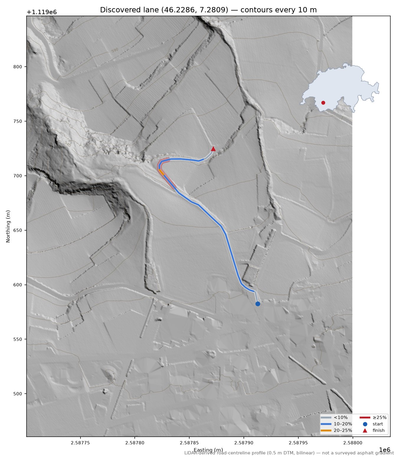 Discovered lane (46.2286, 7.2809) LiDAR hillshade map with contours