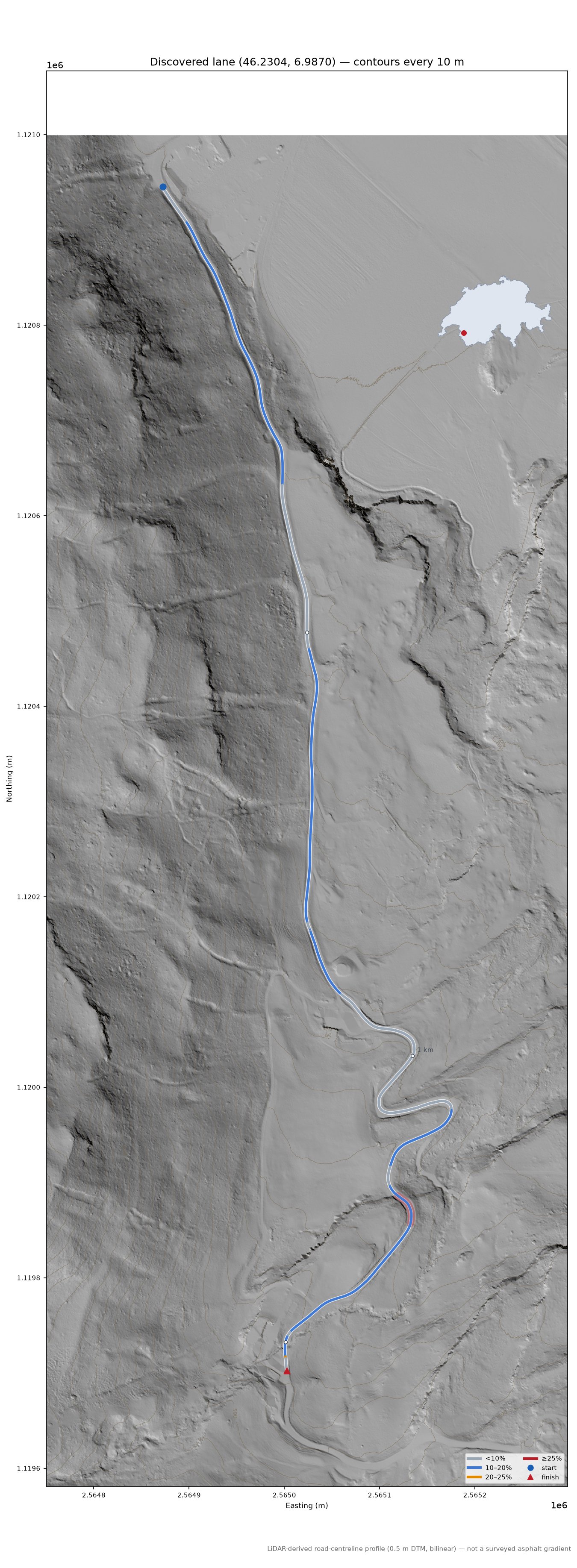 Discovered lane (46.2304, 6.9870) LiDAR hillshade map with contours