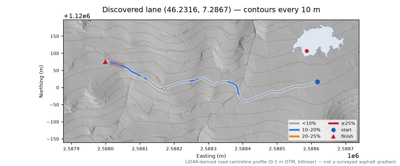 Discovered lane (46.2316, 7.2867) LiDAR hillshade map with contours