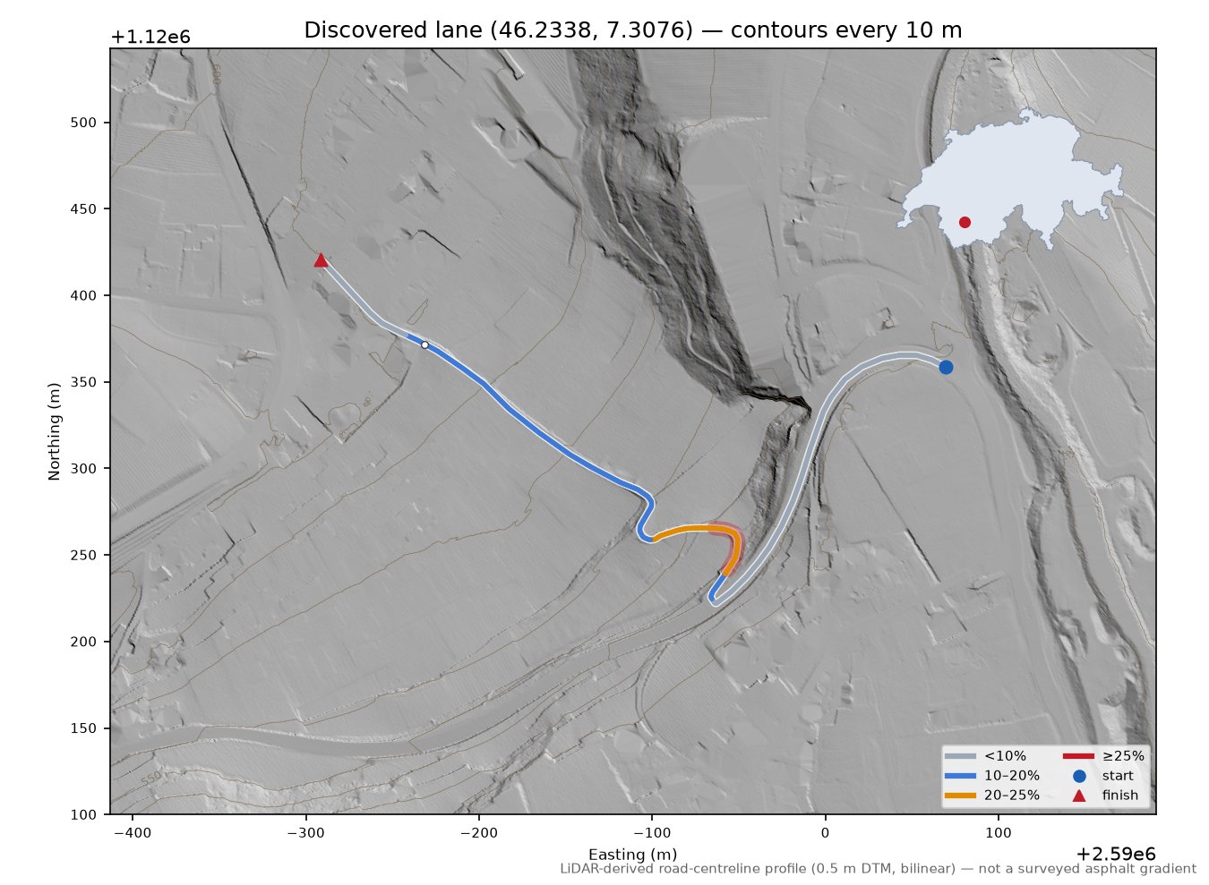 Discovered lane (46.2338, 7.3076) LiDAR hillshade map with contours