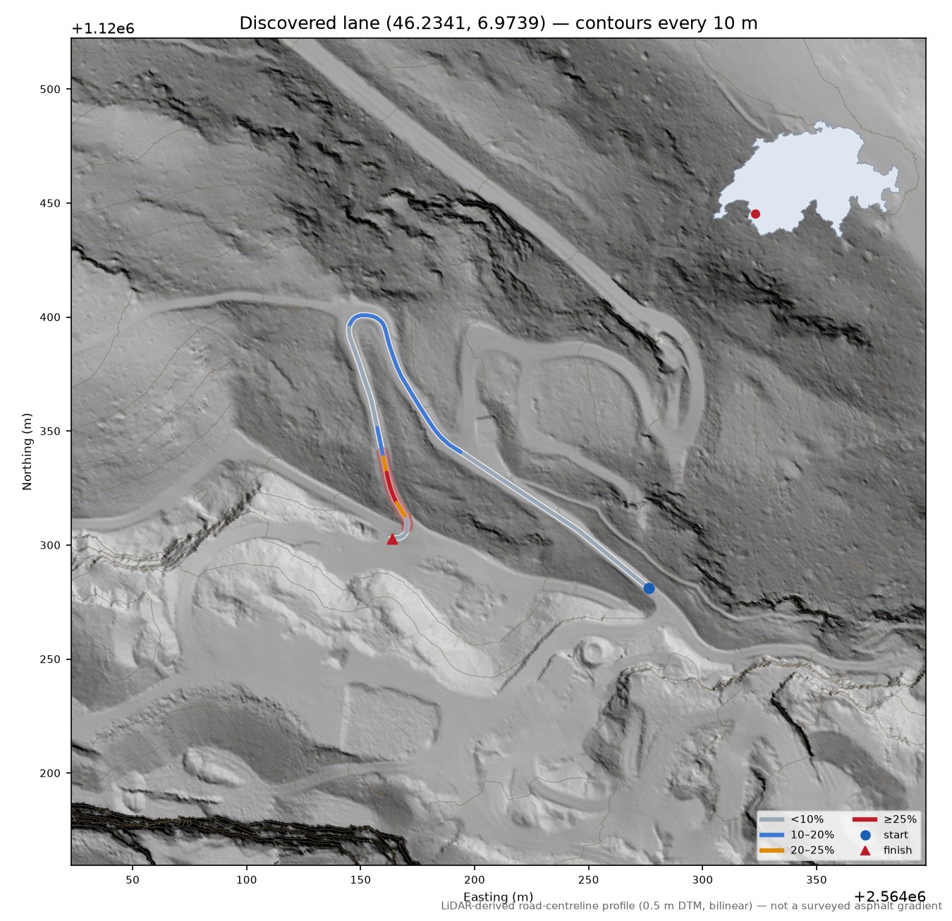 Discovered lane (46.2341, 6.9739) LiDAR hillshade map with contours
