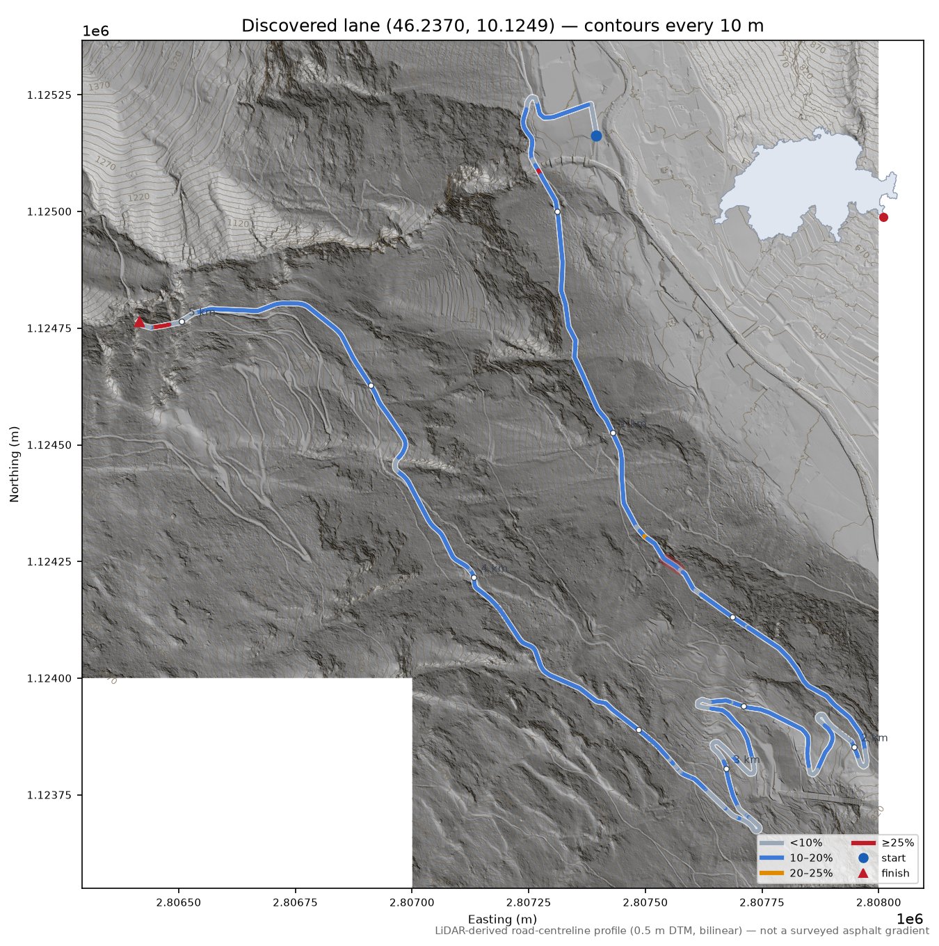 Discovered lane (46.2370, 10.1249) LiDAR hillshade map with contours
