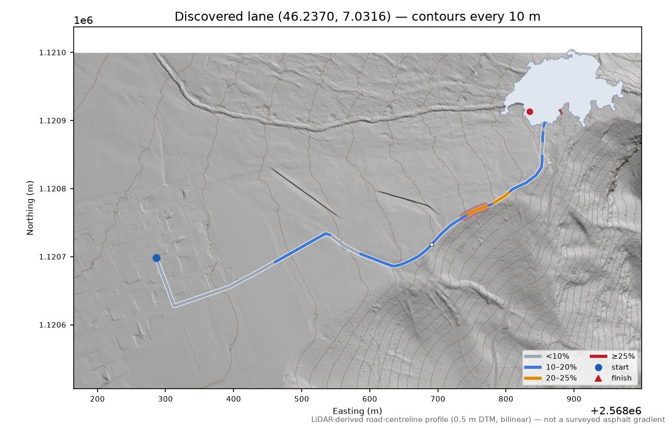 Discovered lane (46.2370, 7.0316) LiDAR hillshade map with contours