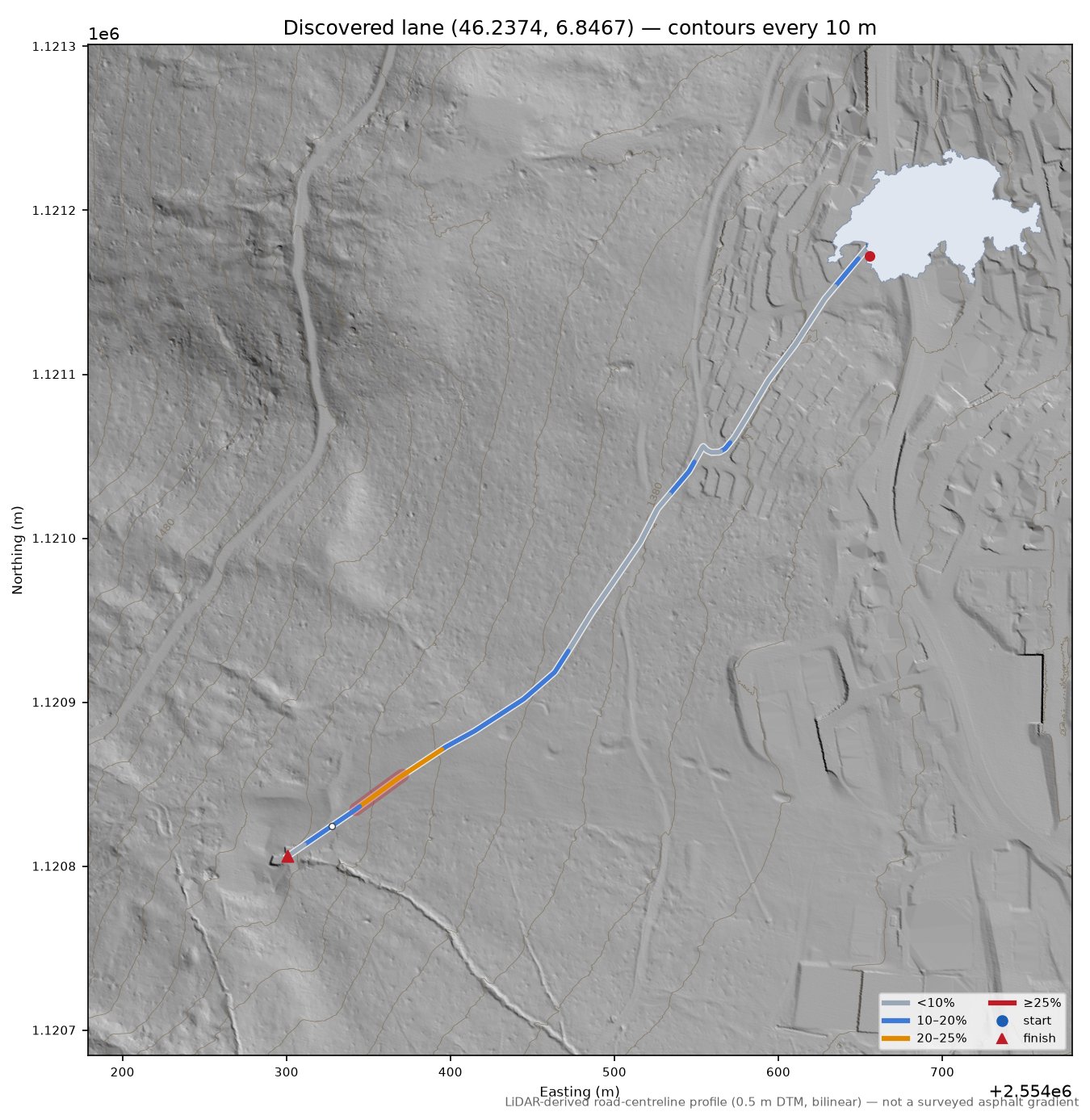 Discovered lane (46.2374, 6.8467) LiDAR hillshade map with contours