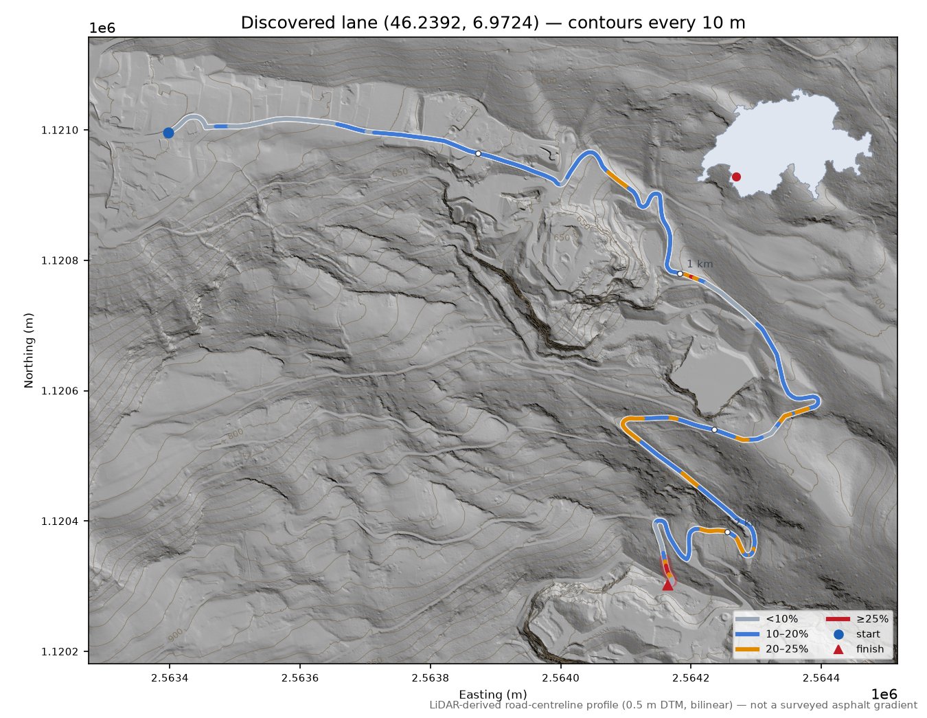 Discovered lane (46.2392, 6.9724) LiDAR hillshade map with contours