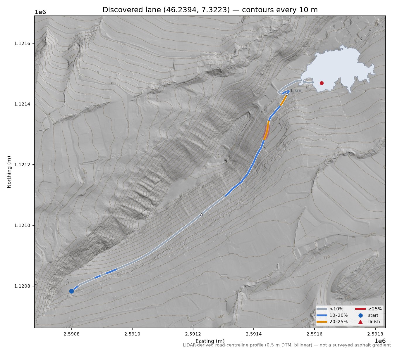 Discovered lane (46.2394, 7.3223) LiDAR hillshade map with contours
