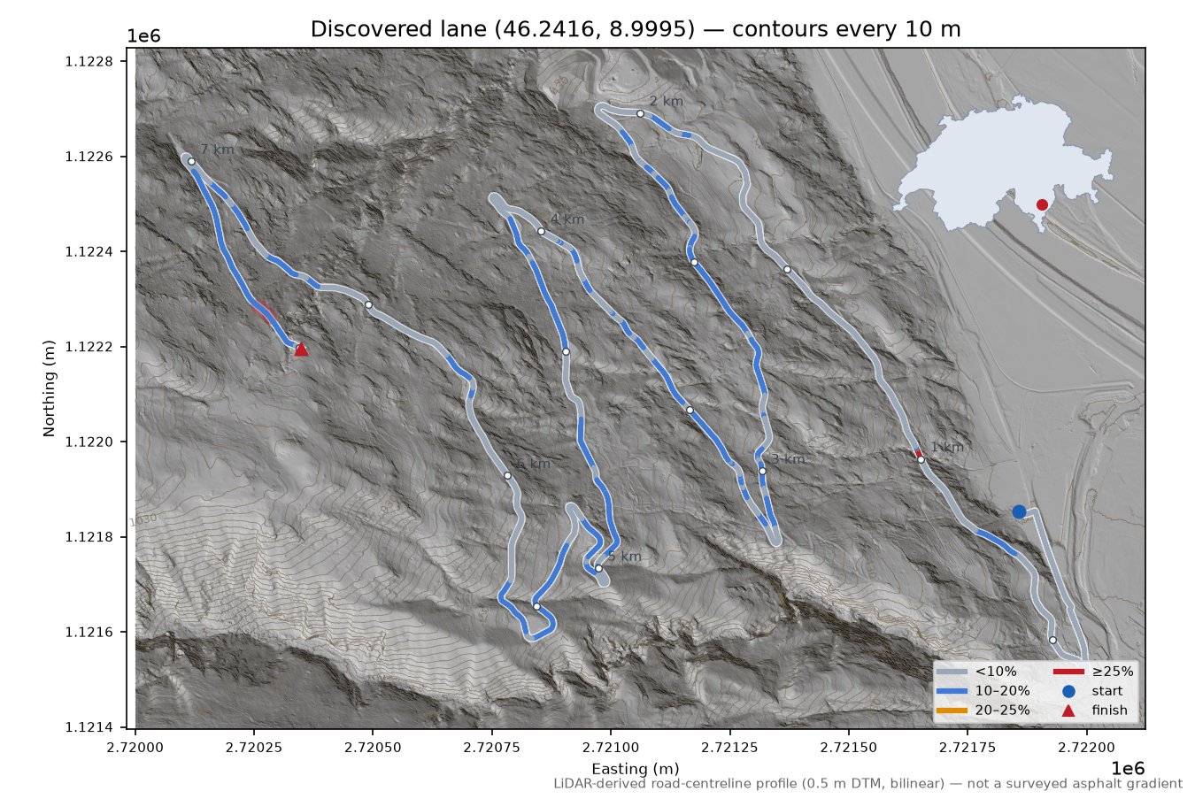 Discovered lane (46.2416, 8.9995) LiDAR hillshade map with contours