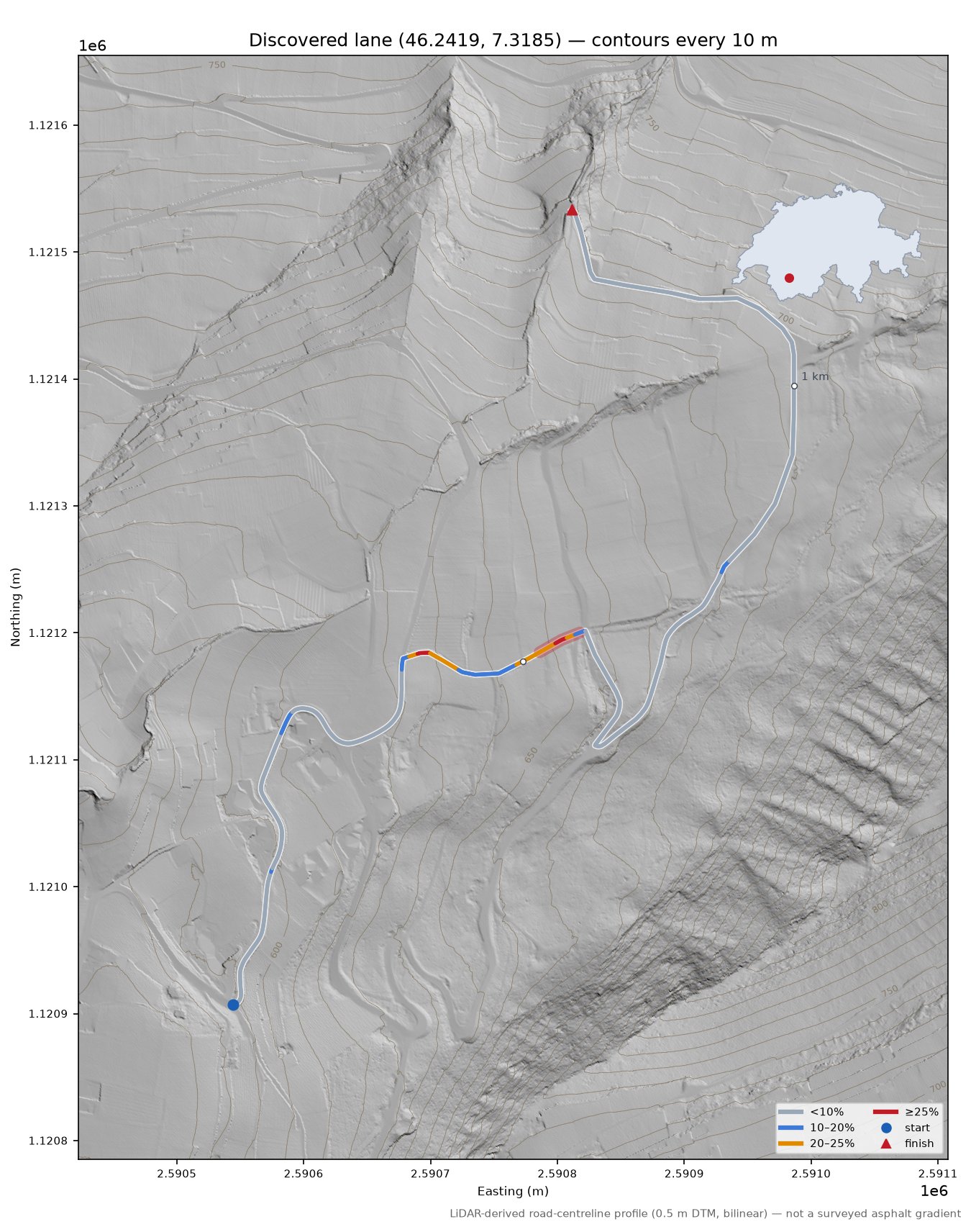 Discovered lane (46.2419, 7.3185) LiDAR hillshade map with contours
