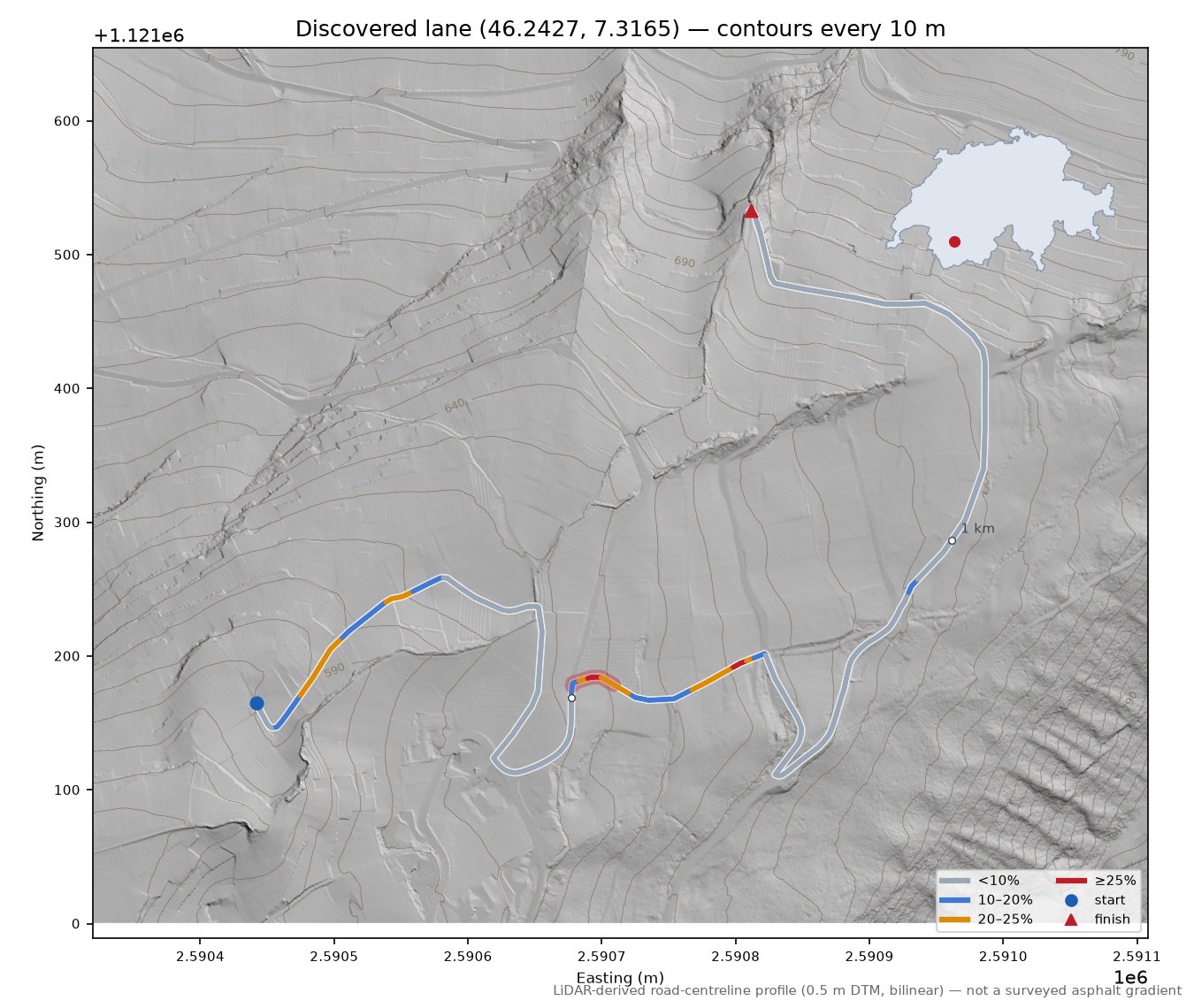 Discovered lane (46.2427, 7.3165) LiDAR hillshade map with contours