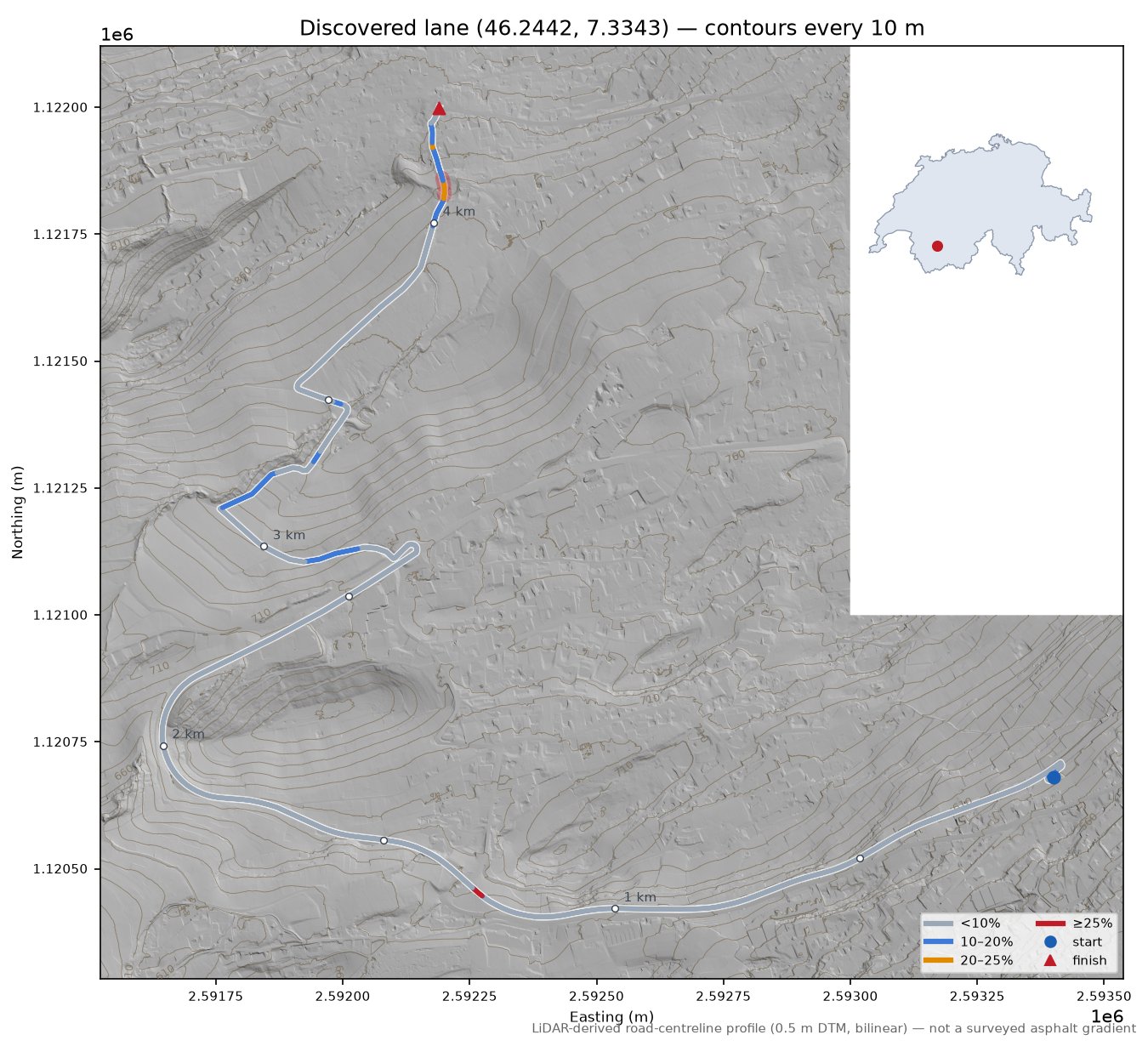 Discovered lane (46.2442, 7.3343) LiDAR hillshade map with contours