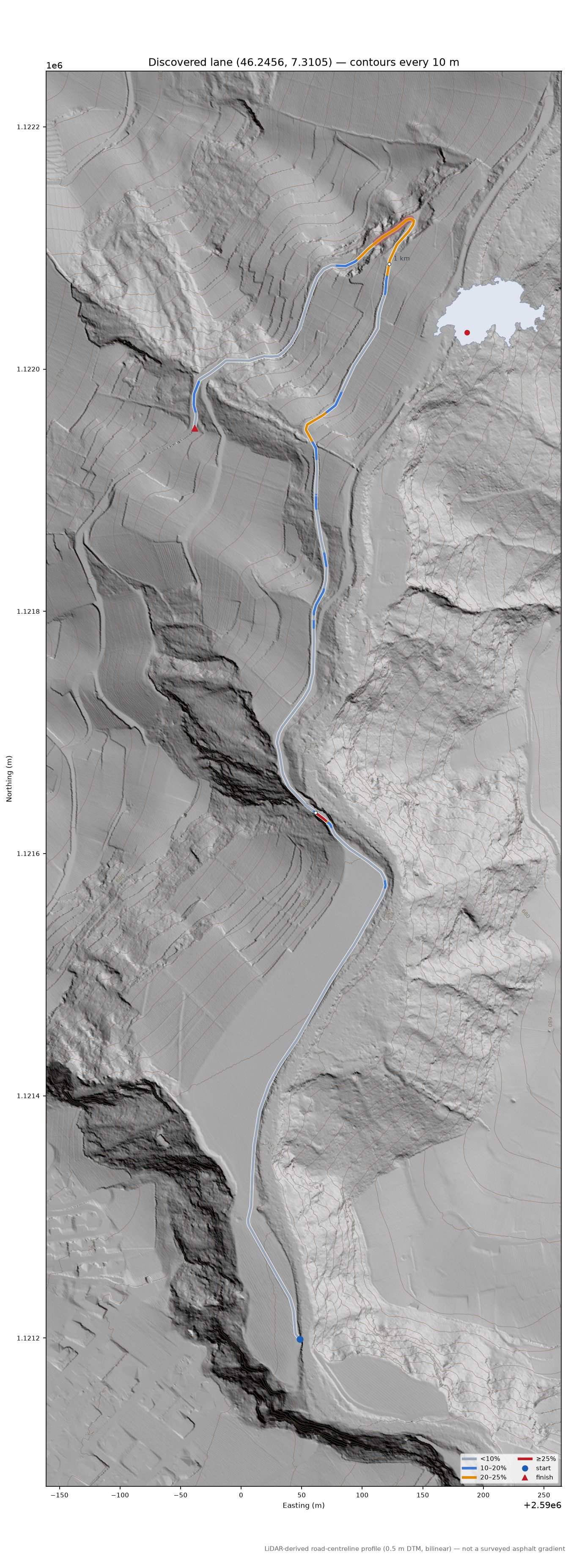 Discovered lane (46.2456, 7.3105) LiDAR hillshade map with contours