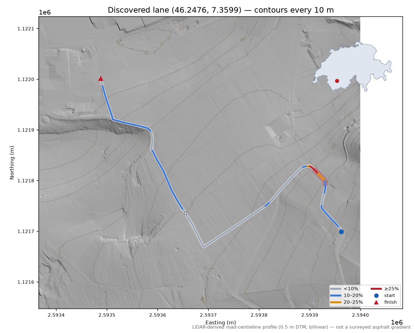 Discovered lane (46.2476, 7.3599) LiDAR hillshade map with contours