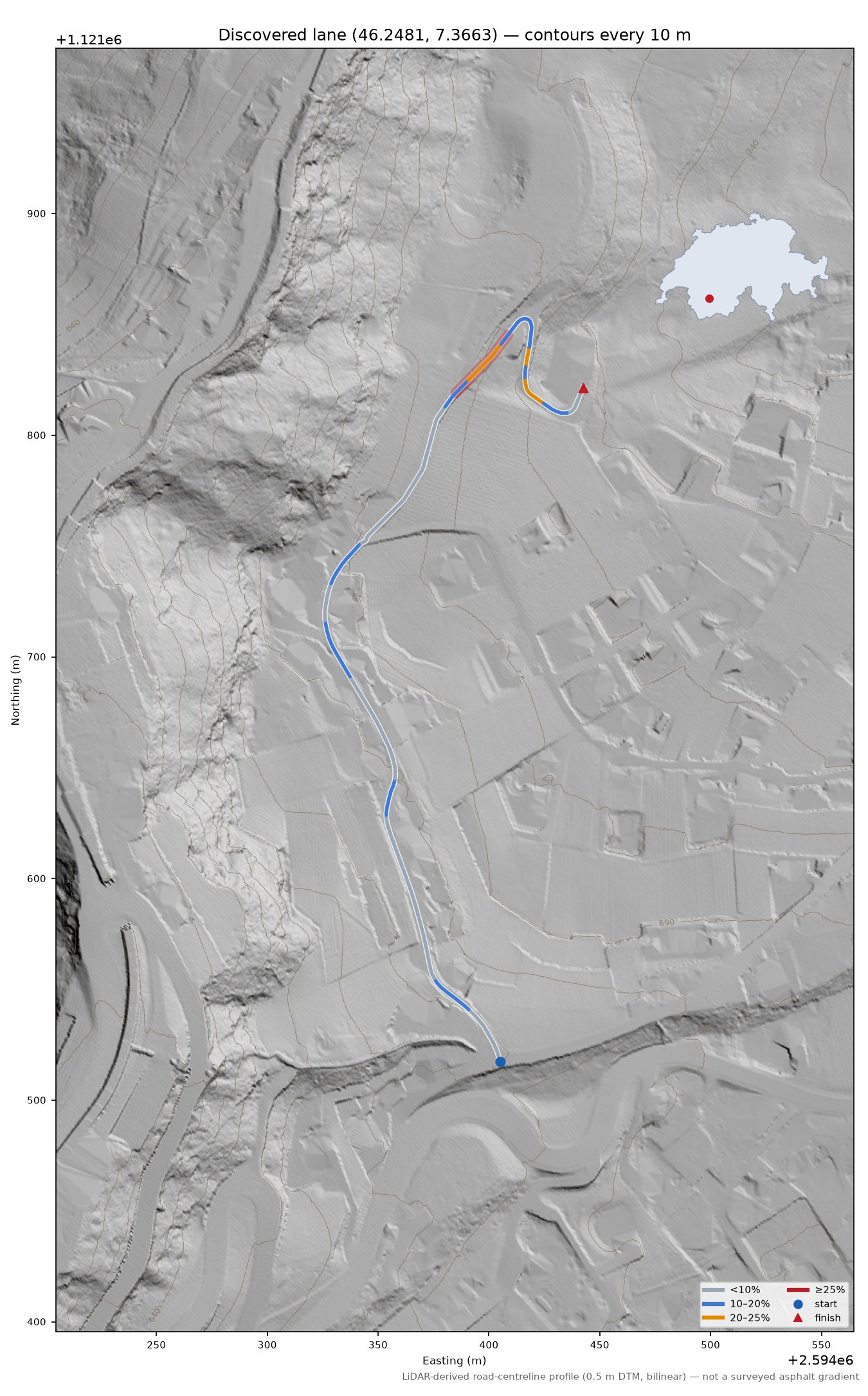 Discovered lane (46.2481, 7.3663) LiDAR hillshade map with contours