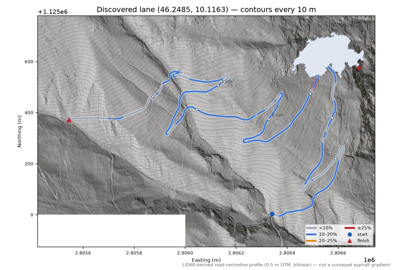 Discovered lane (46.2485, 10.1163) LiDAR hillshade map with contours